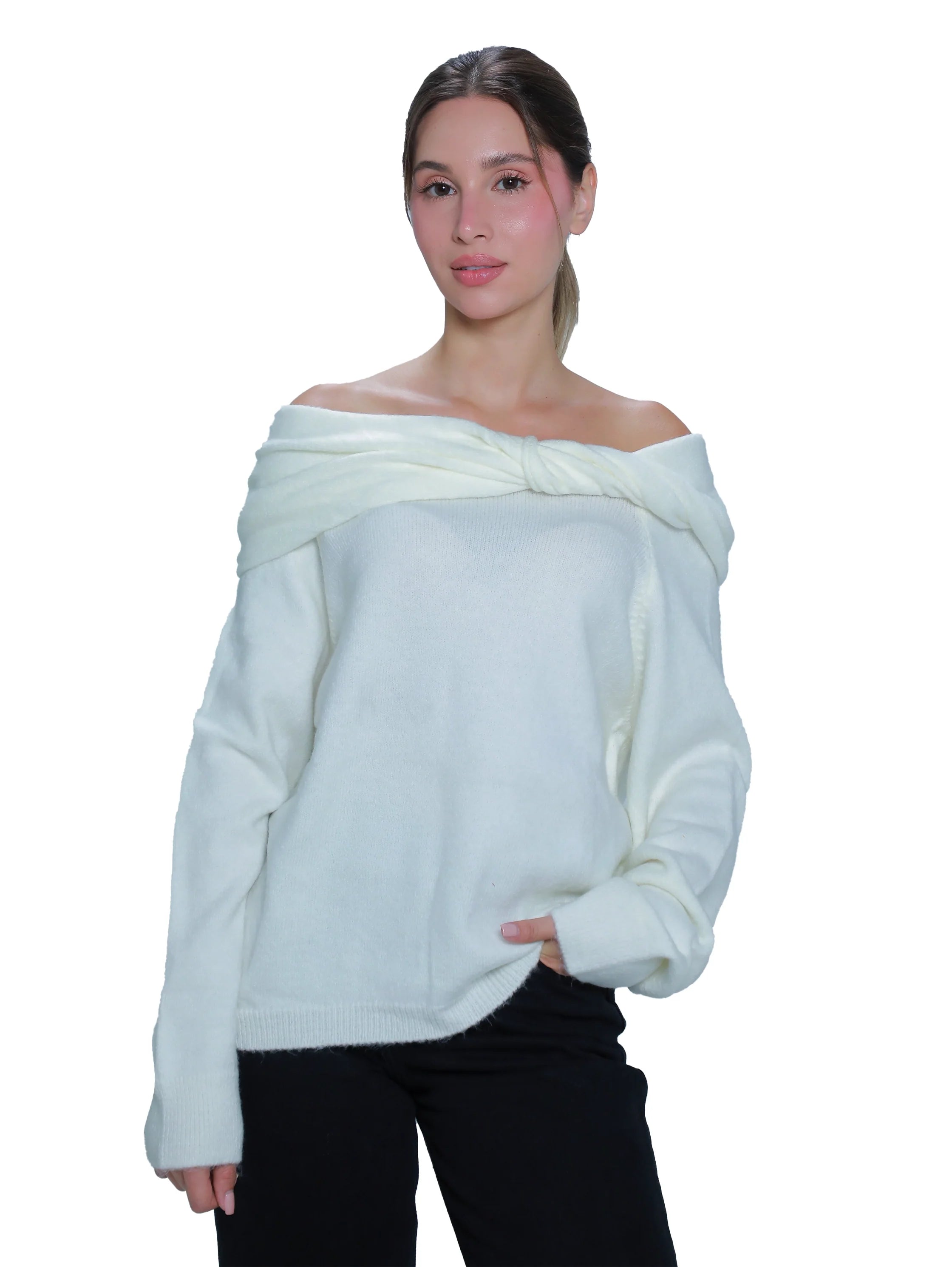 Open Shoulder Offwhite Long Sleeved Sweater