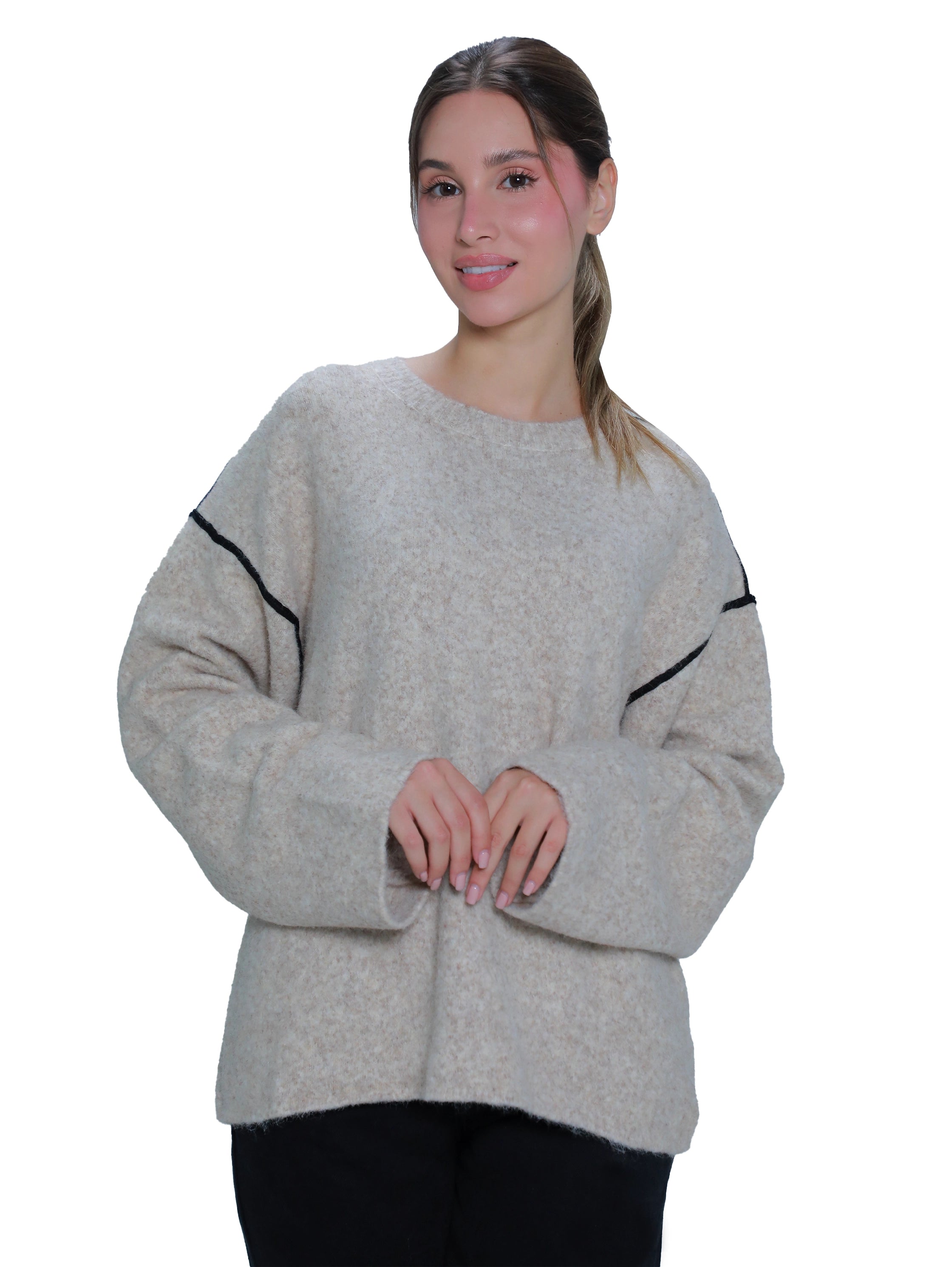 Round Neck Beige Pullover With Open Ended Sleeves