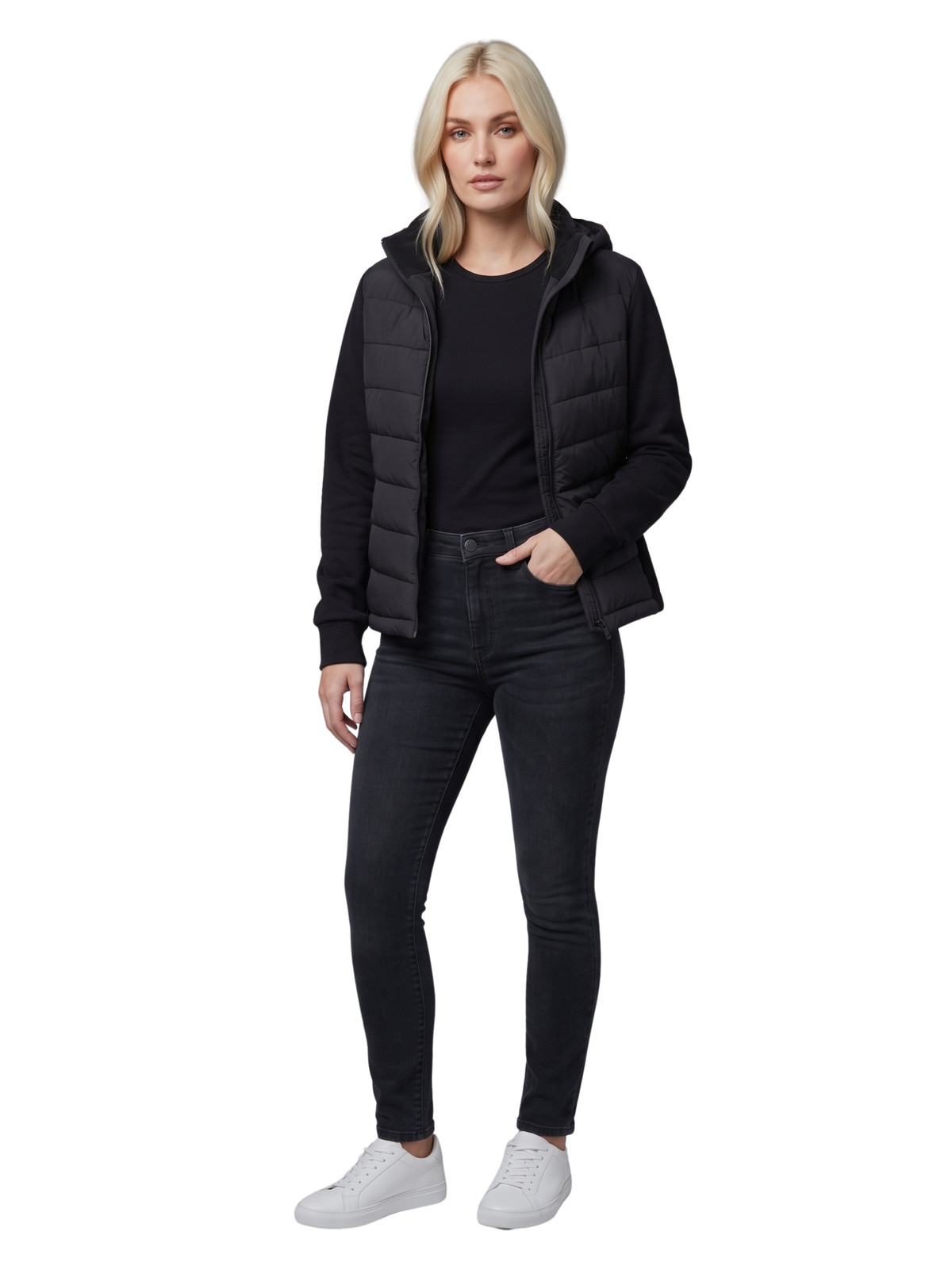 Black Hooded Jacket with Quilted Puffer & Softshell Sleeved