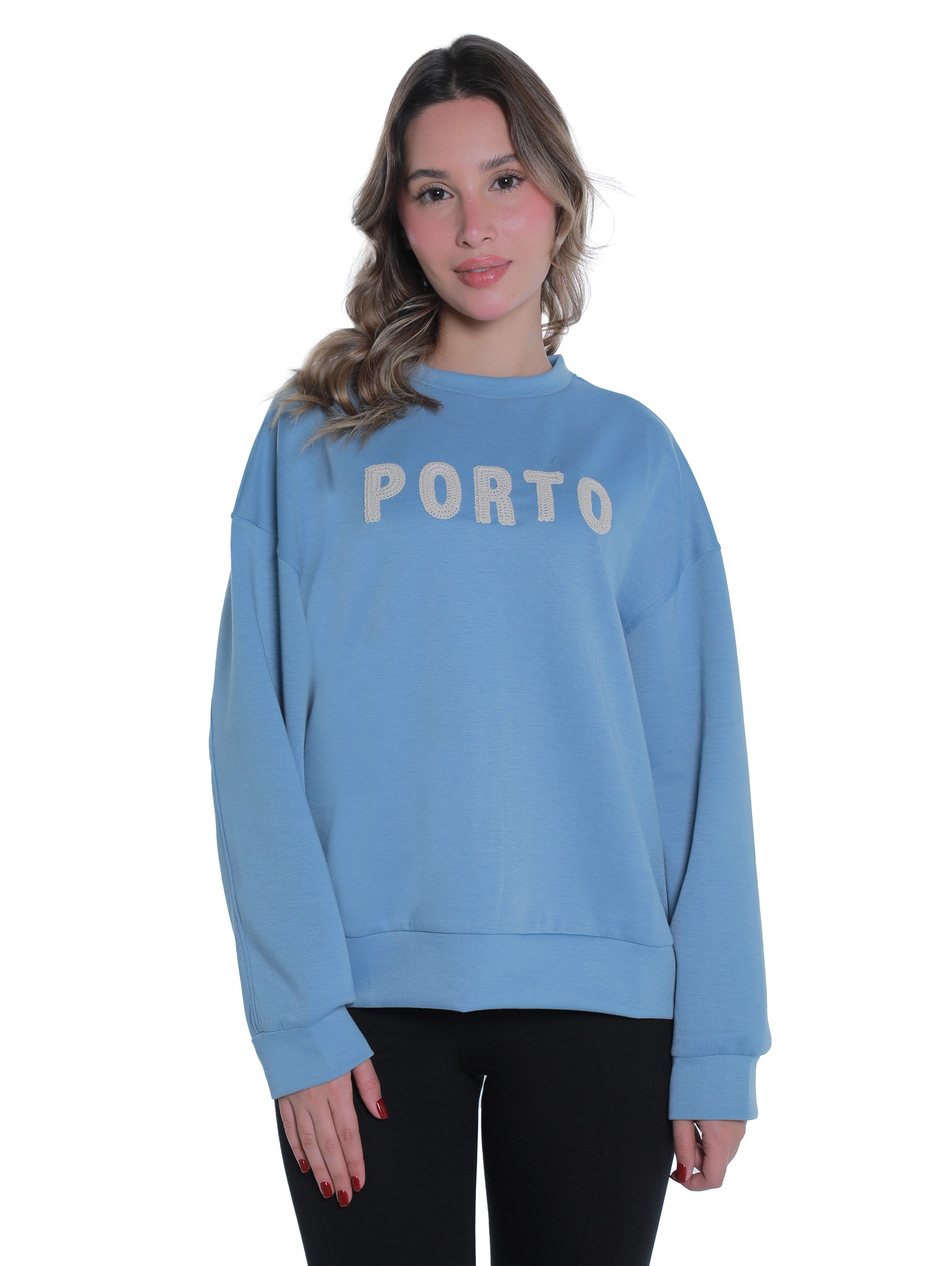 Round Neck Blue Sweater With "Porto" Front Design