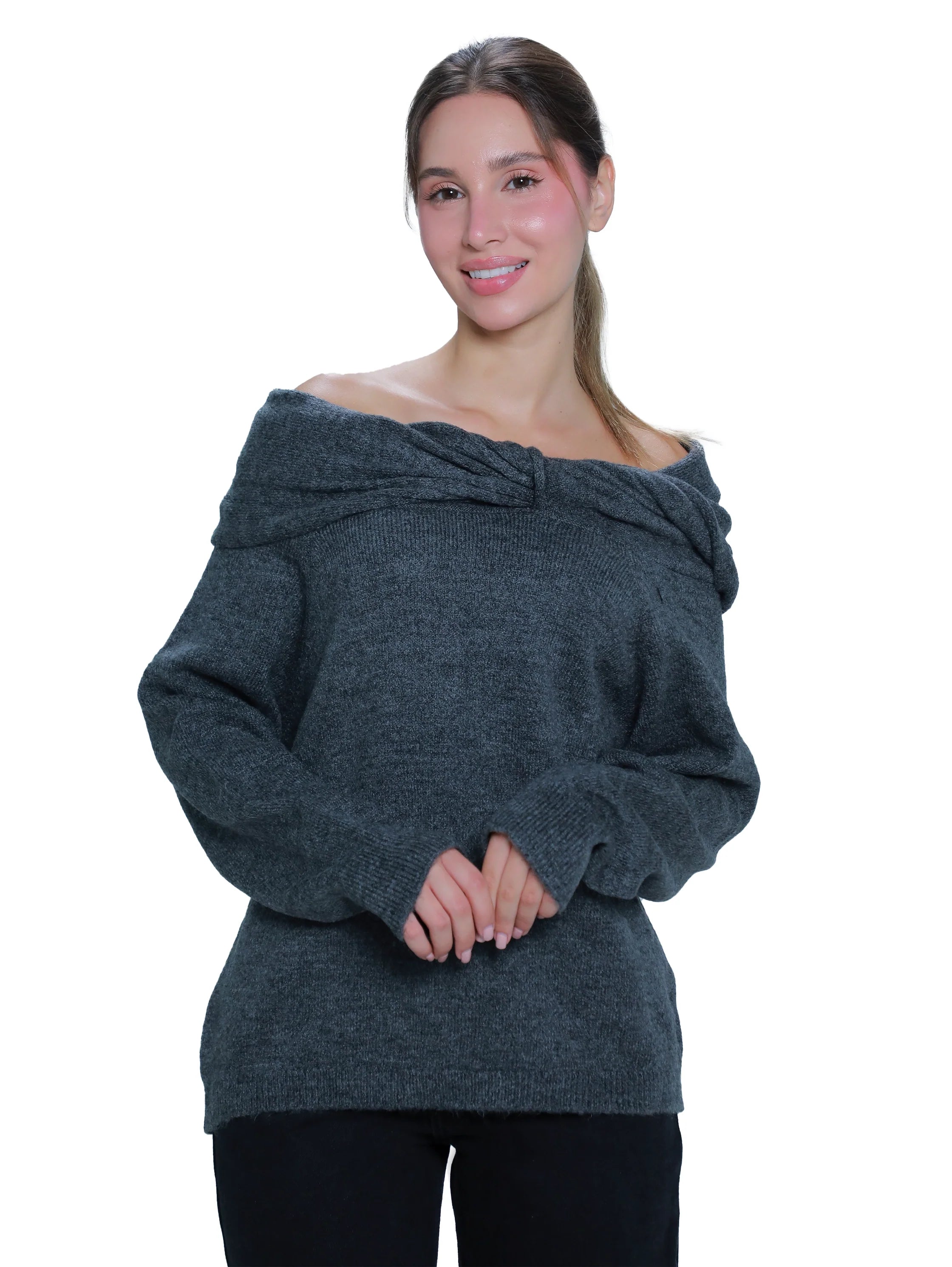 Open Shoulder Dark Grey Long Sleeved Sweater