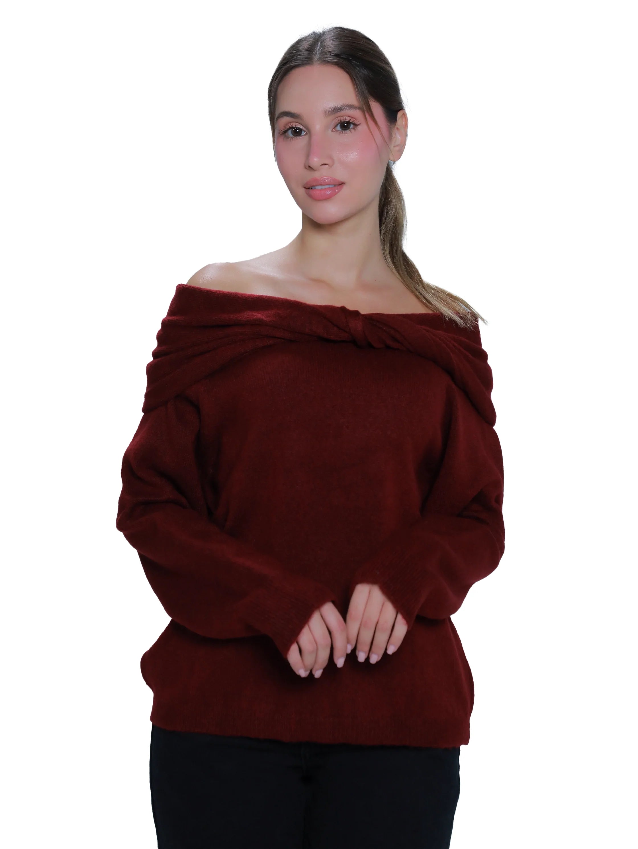 Open Shoulder Bordo Long Sleeved Sweater