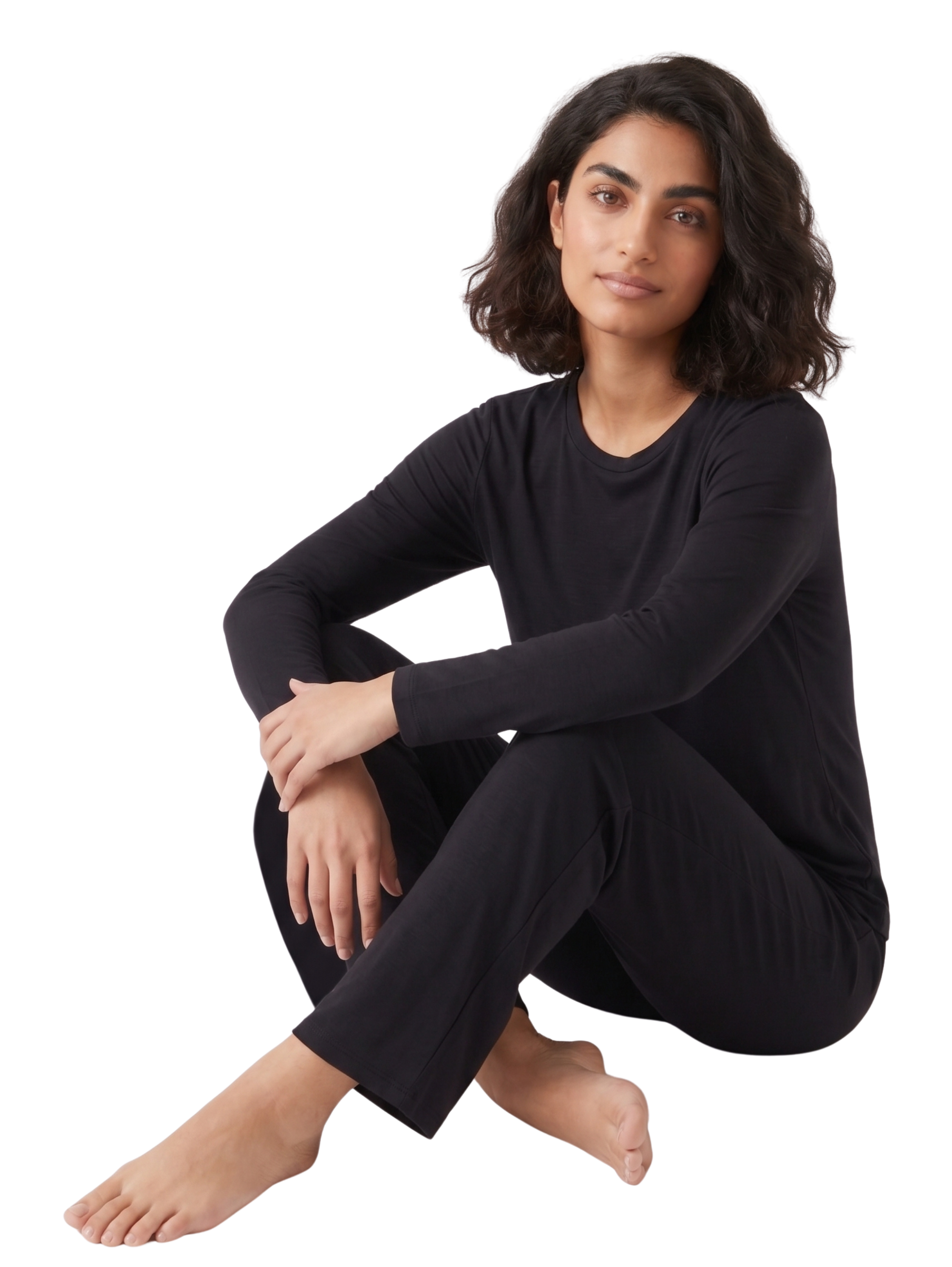 Long Sleeved Black Pyjama Set With Crew Neckline