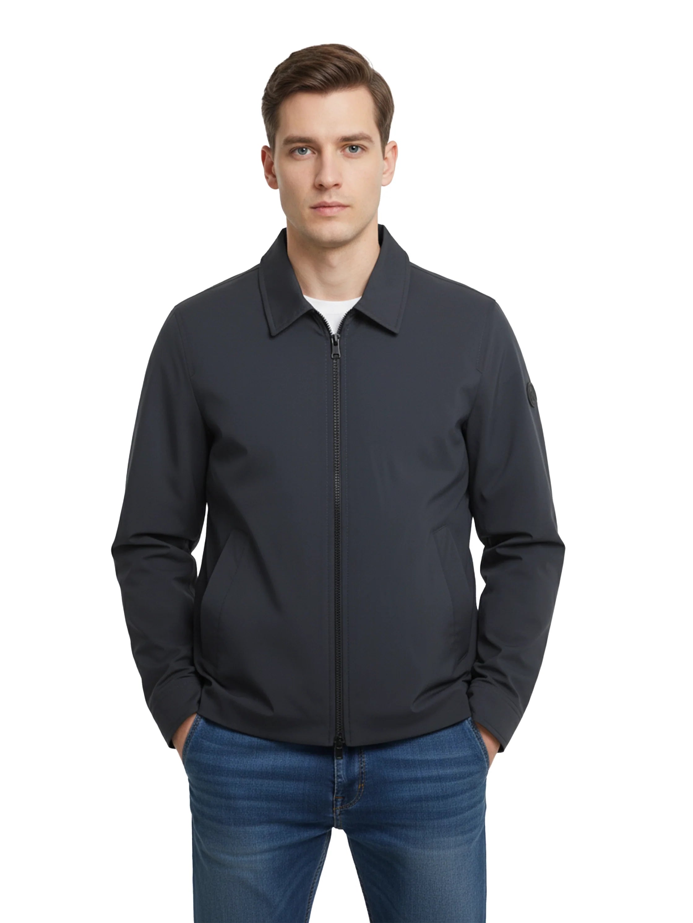 Navy Casual Zippered Jacket With Collar
