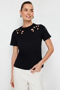 Trendyol Embroidery Pattern Black T-shirt