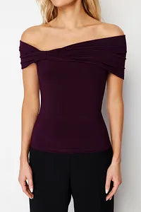 Trendyol Plum Crop Blouse With Flexible Open Collar