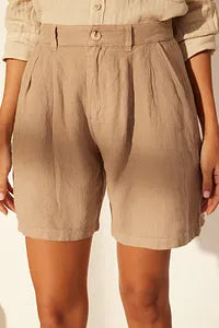 Trendyol Pleated High Waist Beige Linen Short