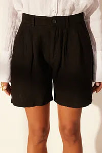 Trendyol Pleated High Waist Black Linen Short