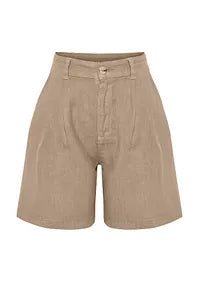 Trendyol Pleated High Waist Beige Linen Short