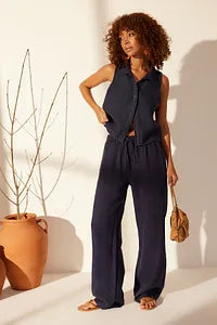 Trendyol Navy Linen Pant With Elastic Waist