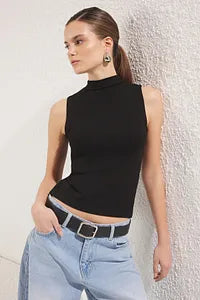 Trendyol Stand-Up Collar Black Stretchy Blouse