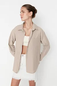 Trendyol Beige Single Pocket Boyfriend Cotton Shirt