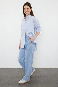 Trendyol Blue Linen Pant With Elastic Waist