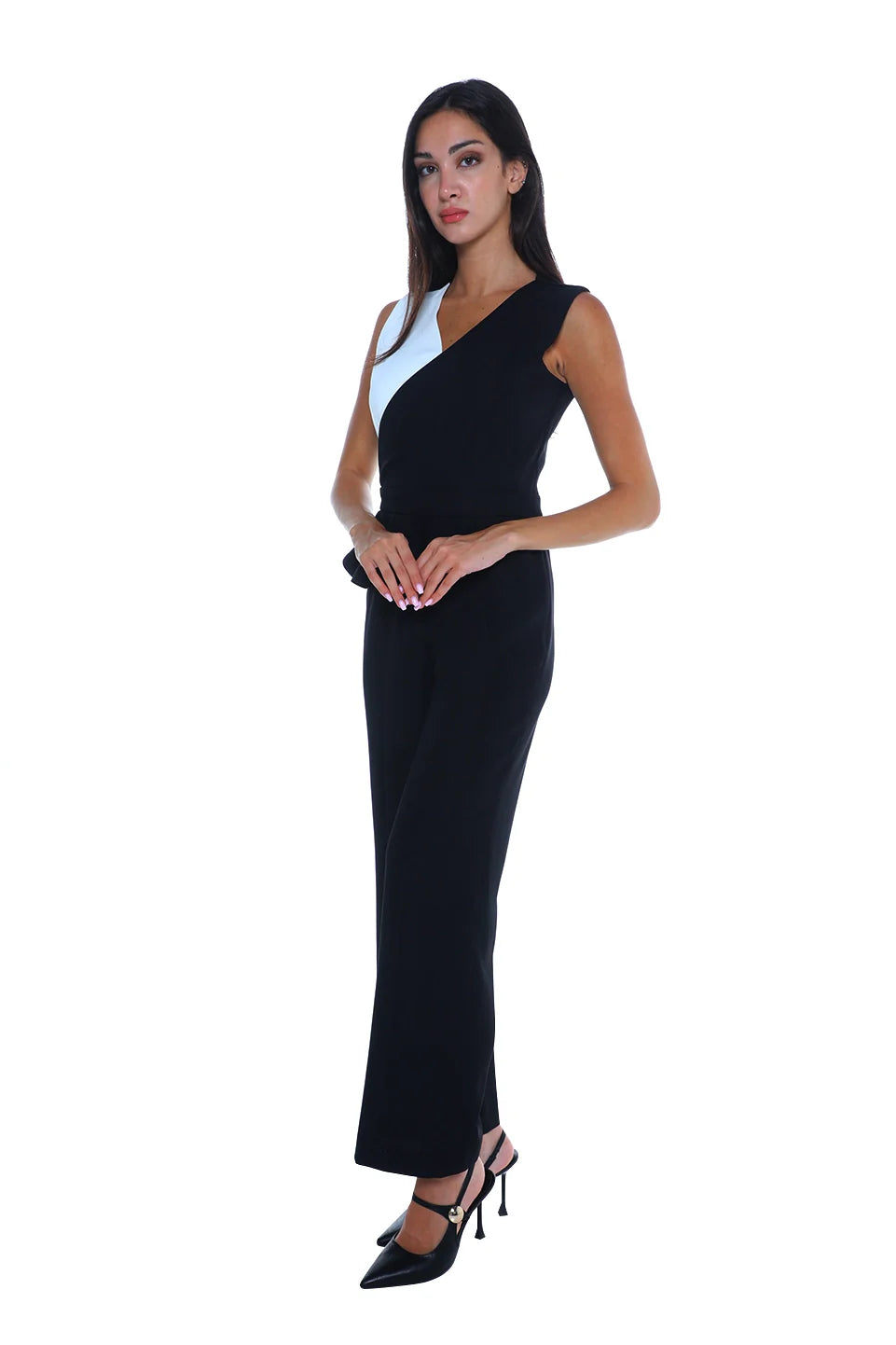 Formal Black & White Jumpsuit With Back Zipper To Close
