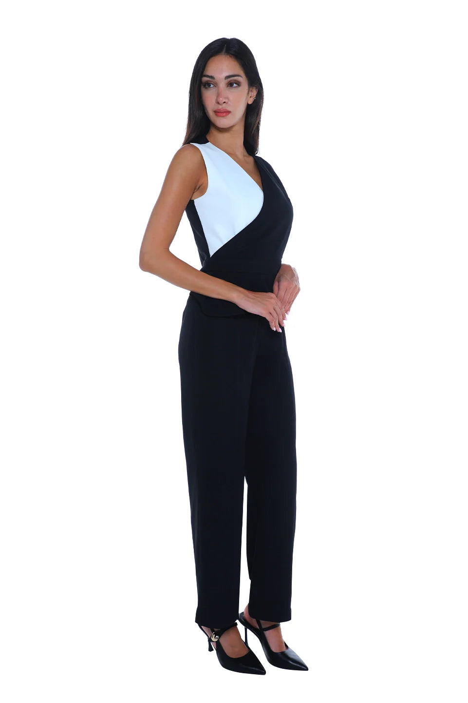 Formal Black & White Jumpsuit With Back Zipper To Close