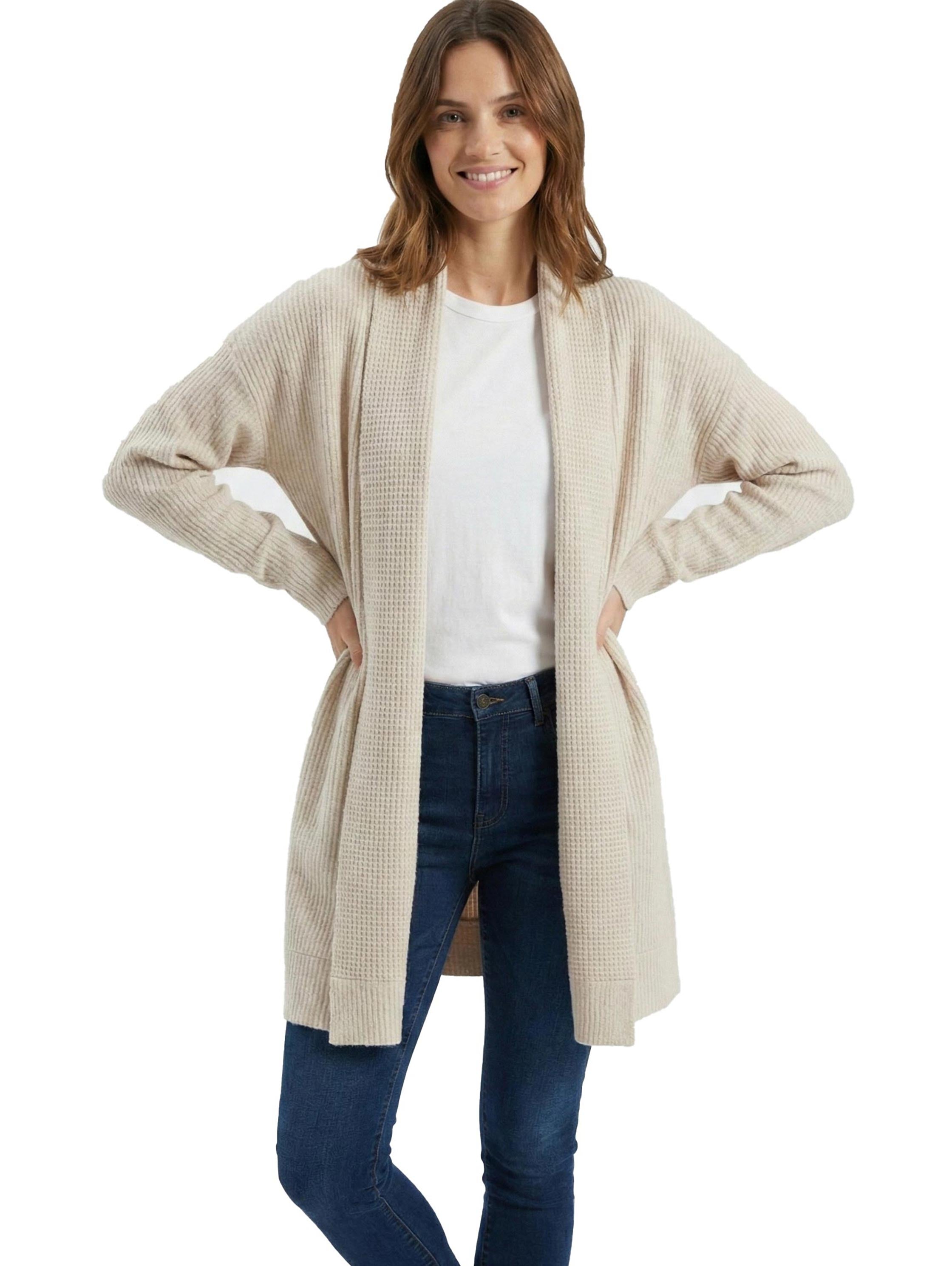 Open Beige Knitted Cardigan with Lapel Collar