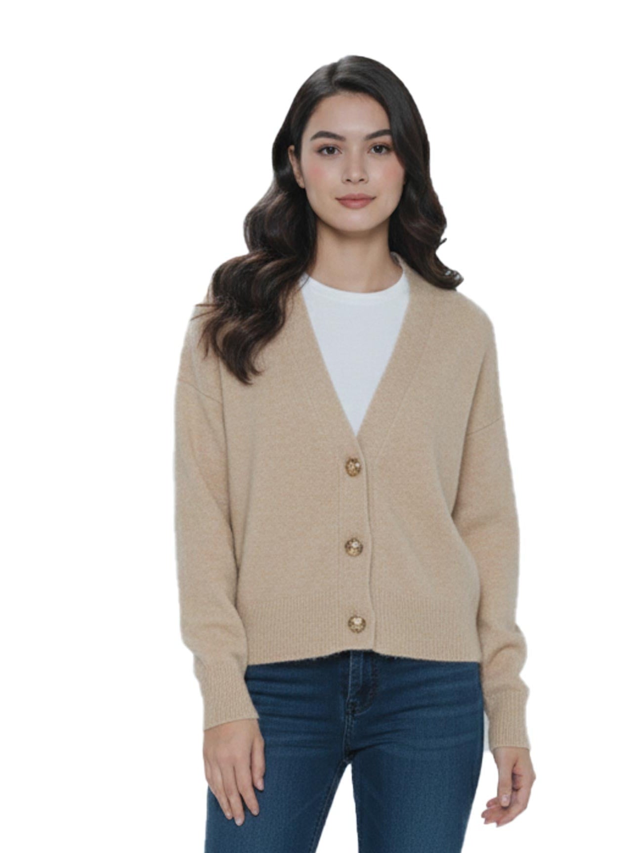 Long Sleeved Beige Pullover with Button To Close