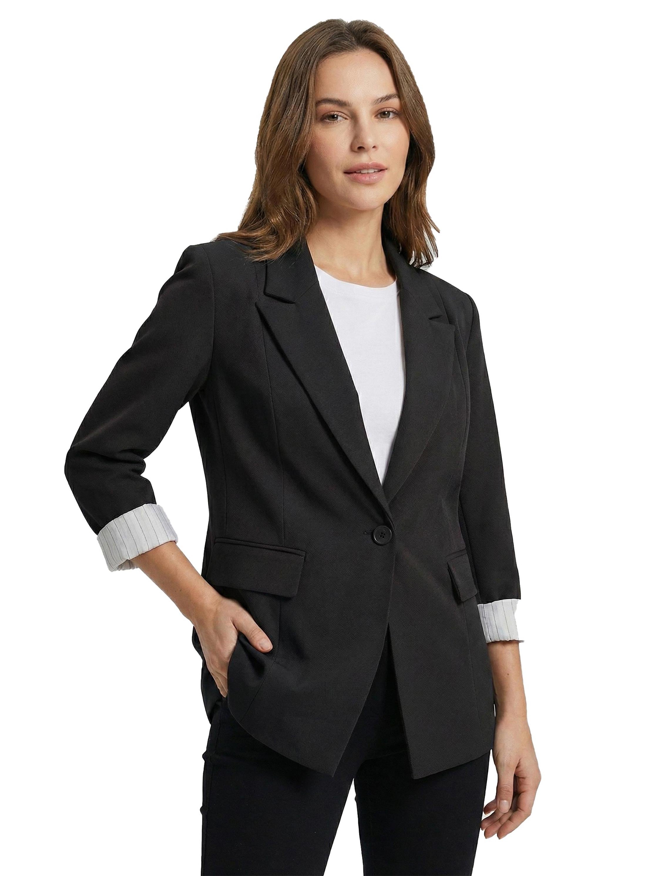 Black 3/4 Sleeve Blazer With Patch Pockets