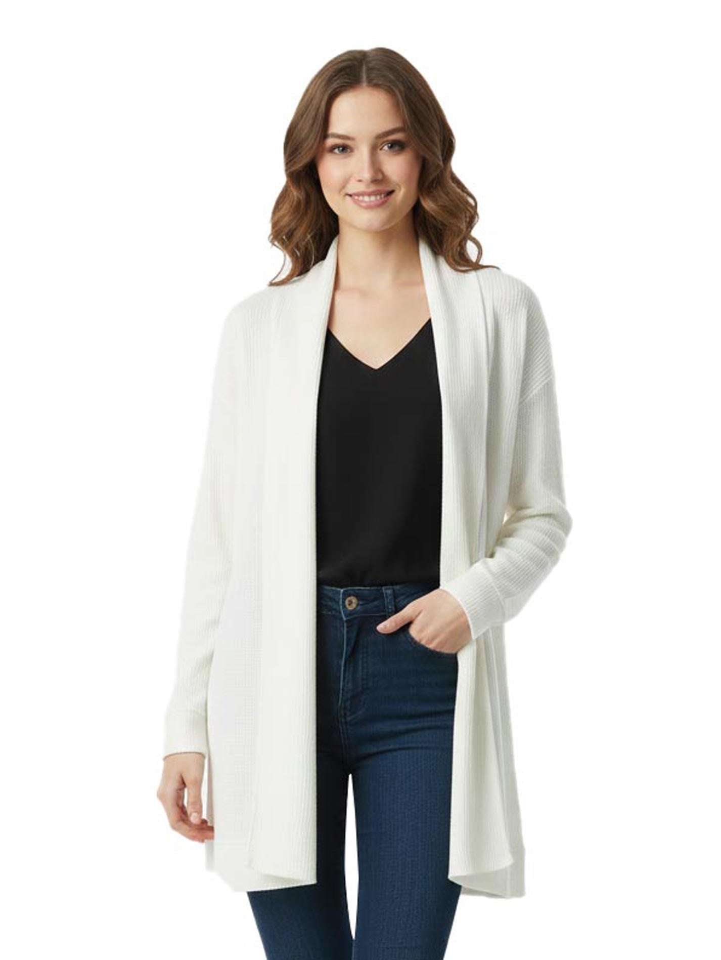 Open Offwhite Knitted Cardigan with Lapel Collar