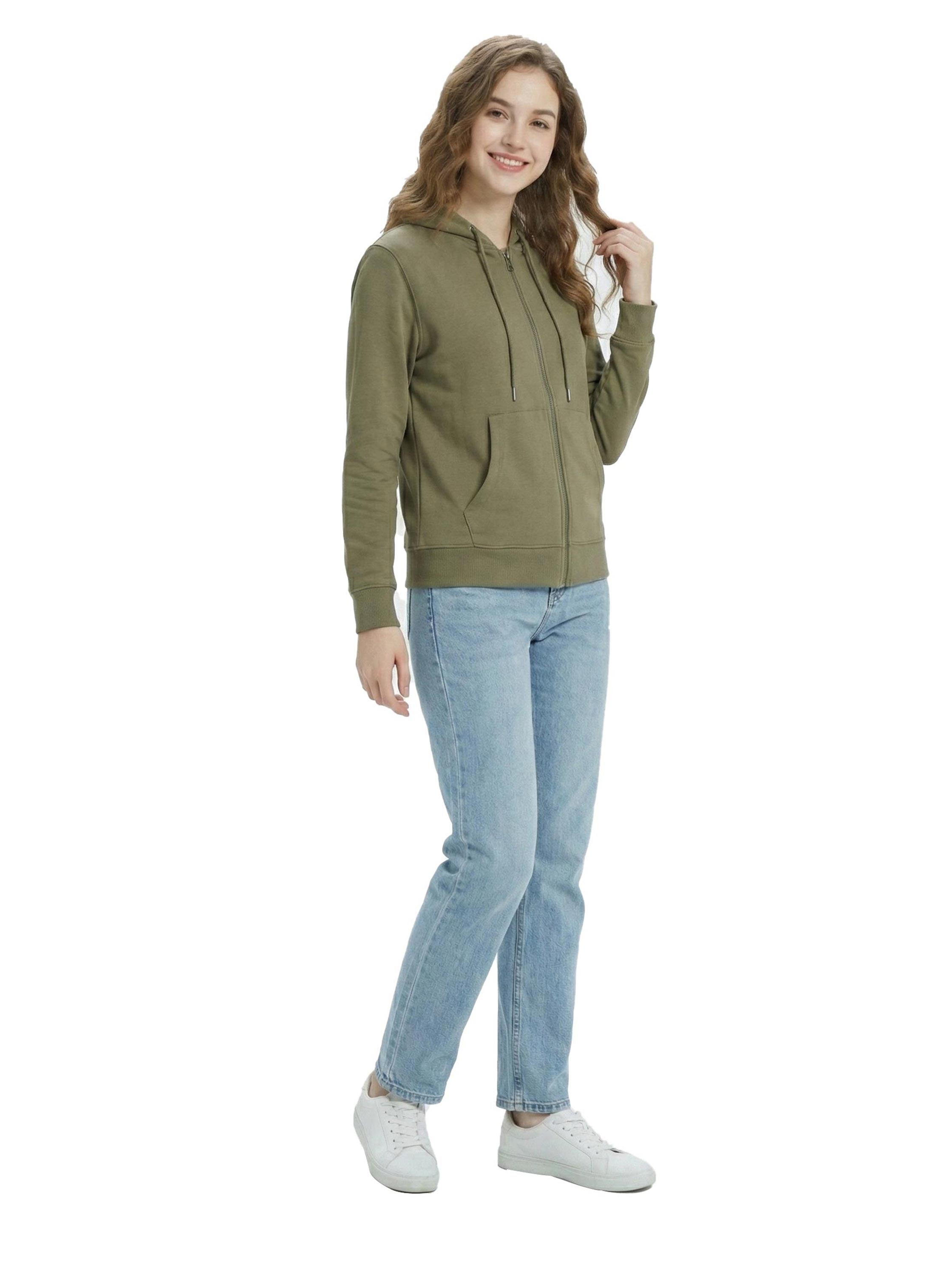 Khaki Zippered Jacket With Kangaroo Pocket