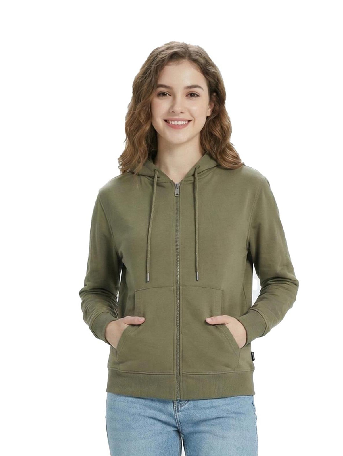 Khaki Zippered Jacket With Kangaroo Pocket