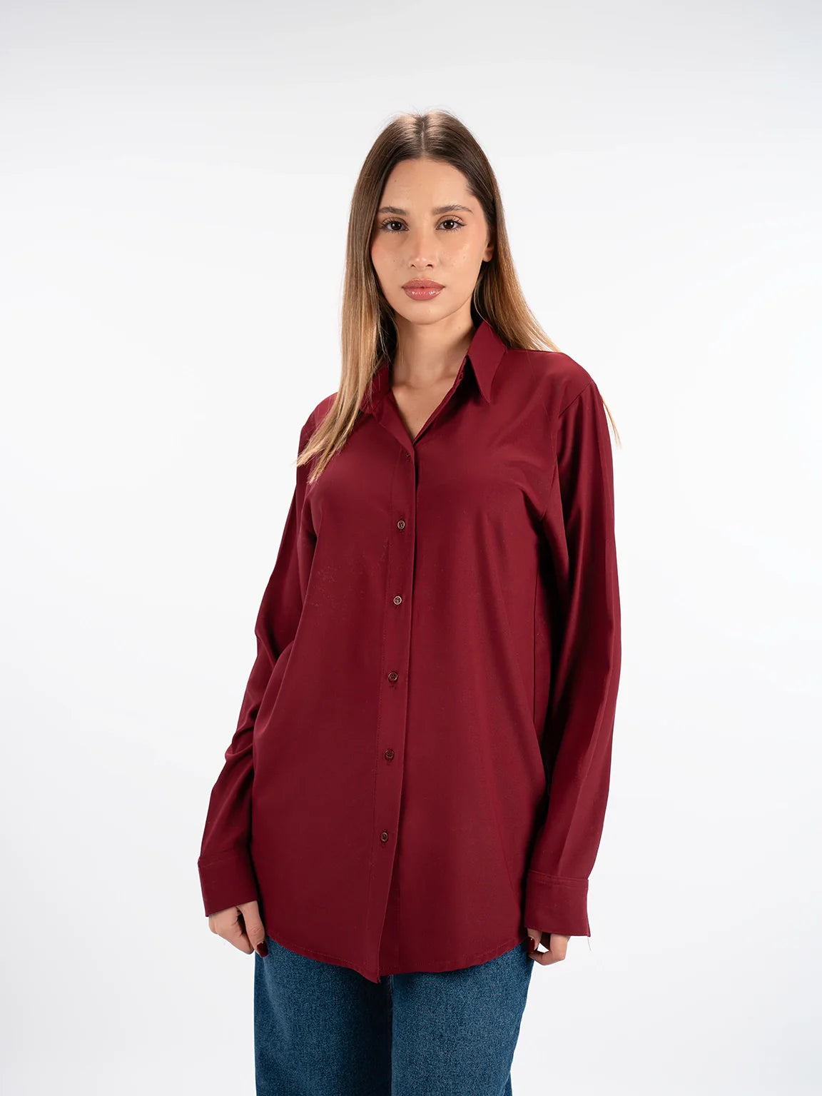 Long Sleeved Wine Shirt With Button To Close