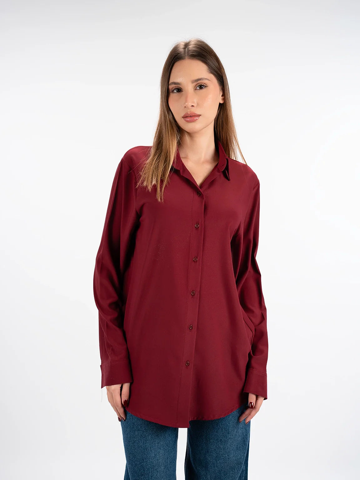 Long Sleeved Wine Shirt With Button To Close