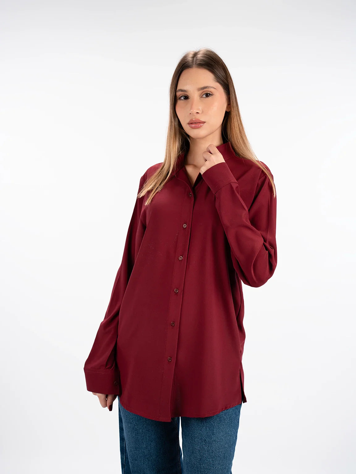 Long Sleeved Wine Shirt With Button To Close