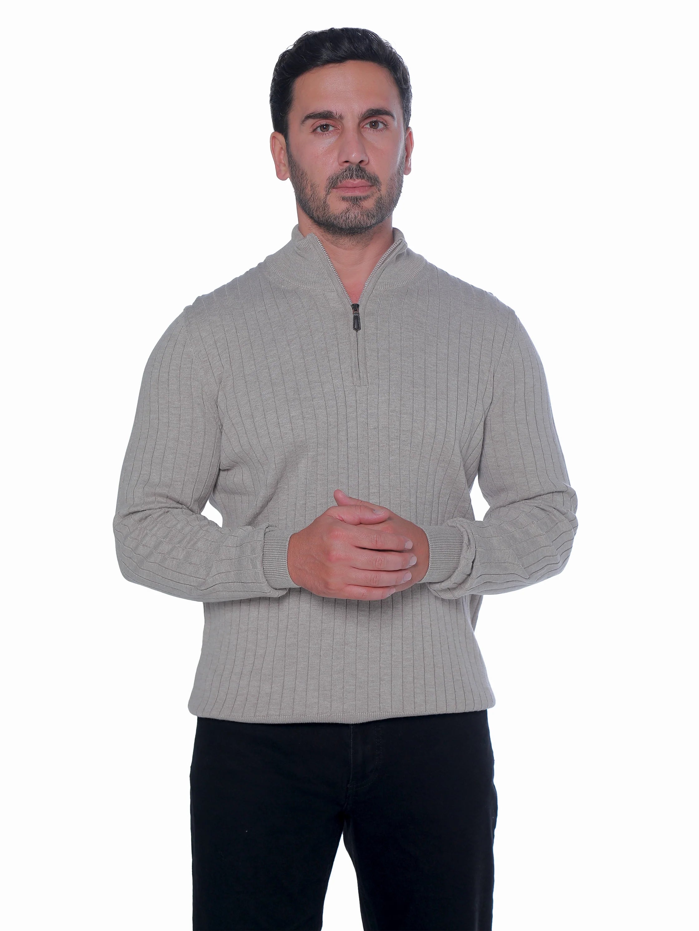 Beige Ribbed pullover With Half Zipper