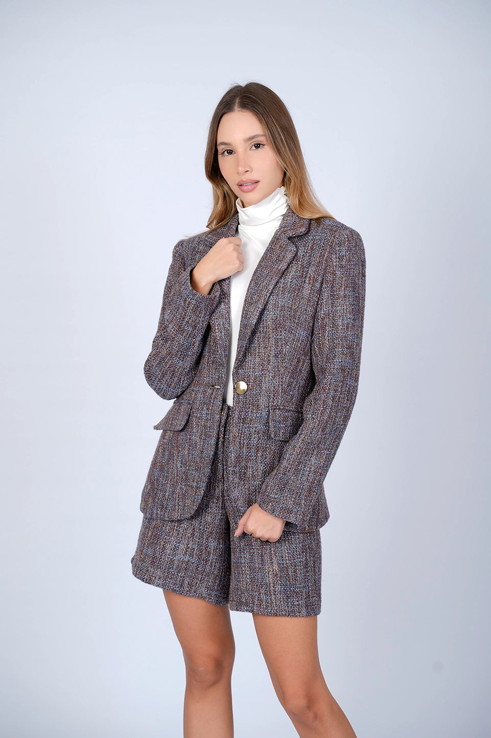 Brown Classic Short With Blazer Set