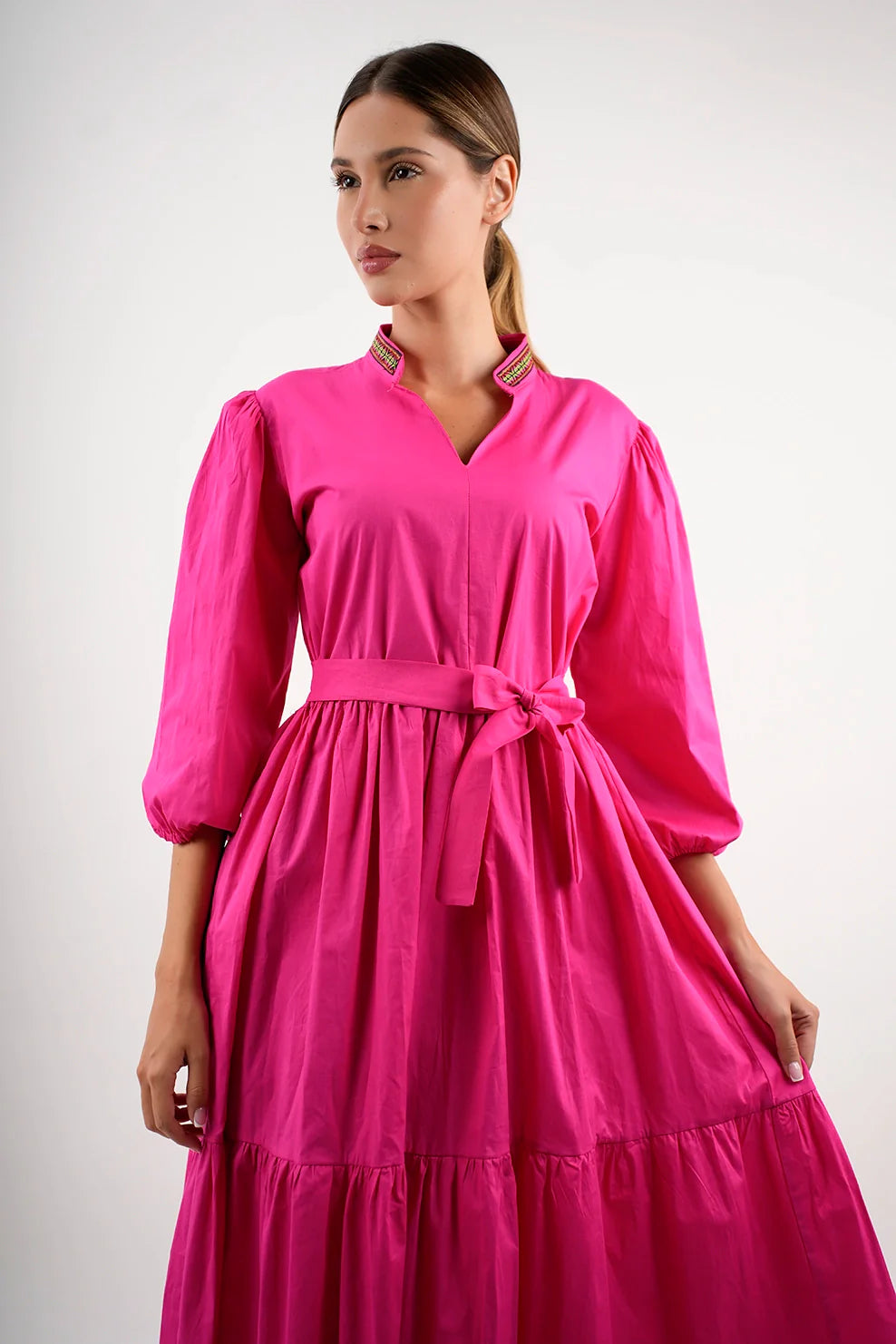 Long Sleeved Fushia Dress With Wing Collar