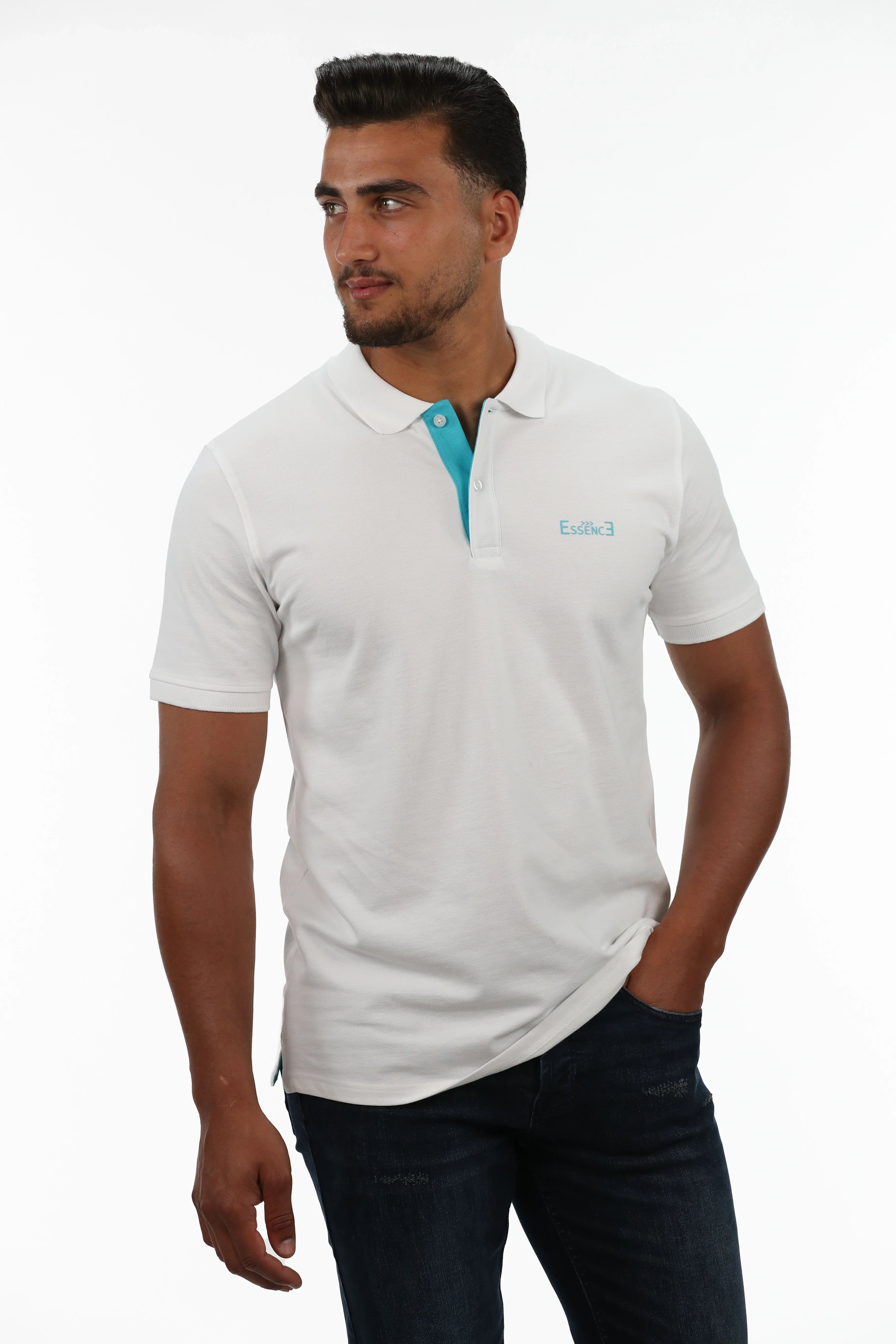 White Polo With Turquoise Collar Design