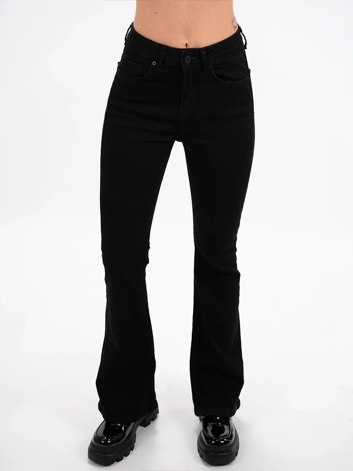 Black Flare Jeans With Zipper & Button To Close