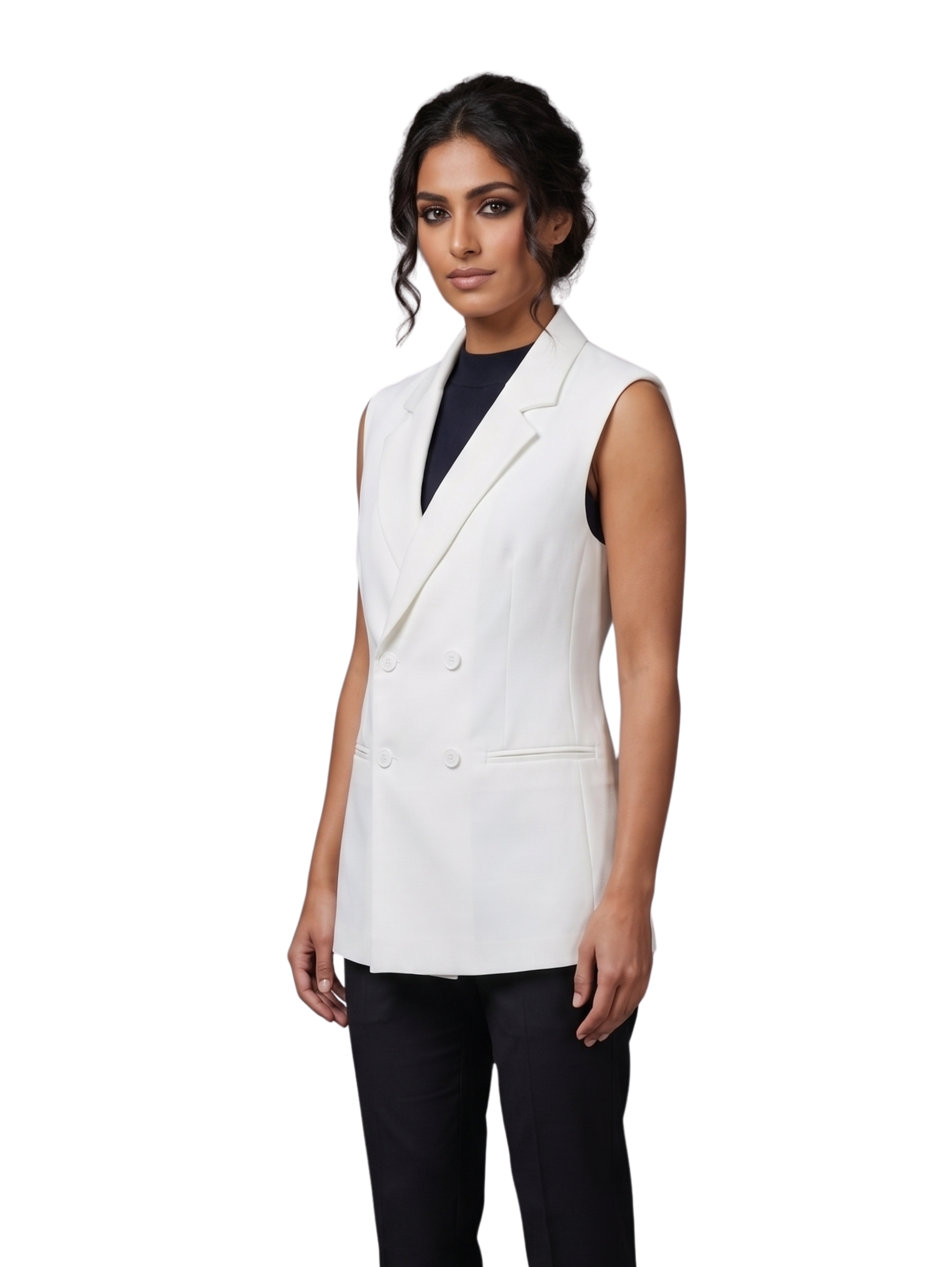 Off White Sleeveless Longline Blazer Vest