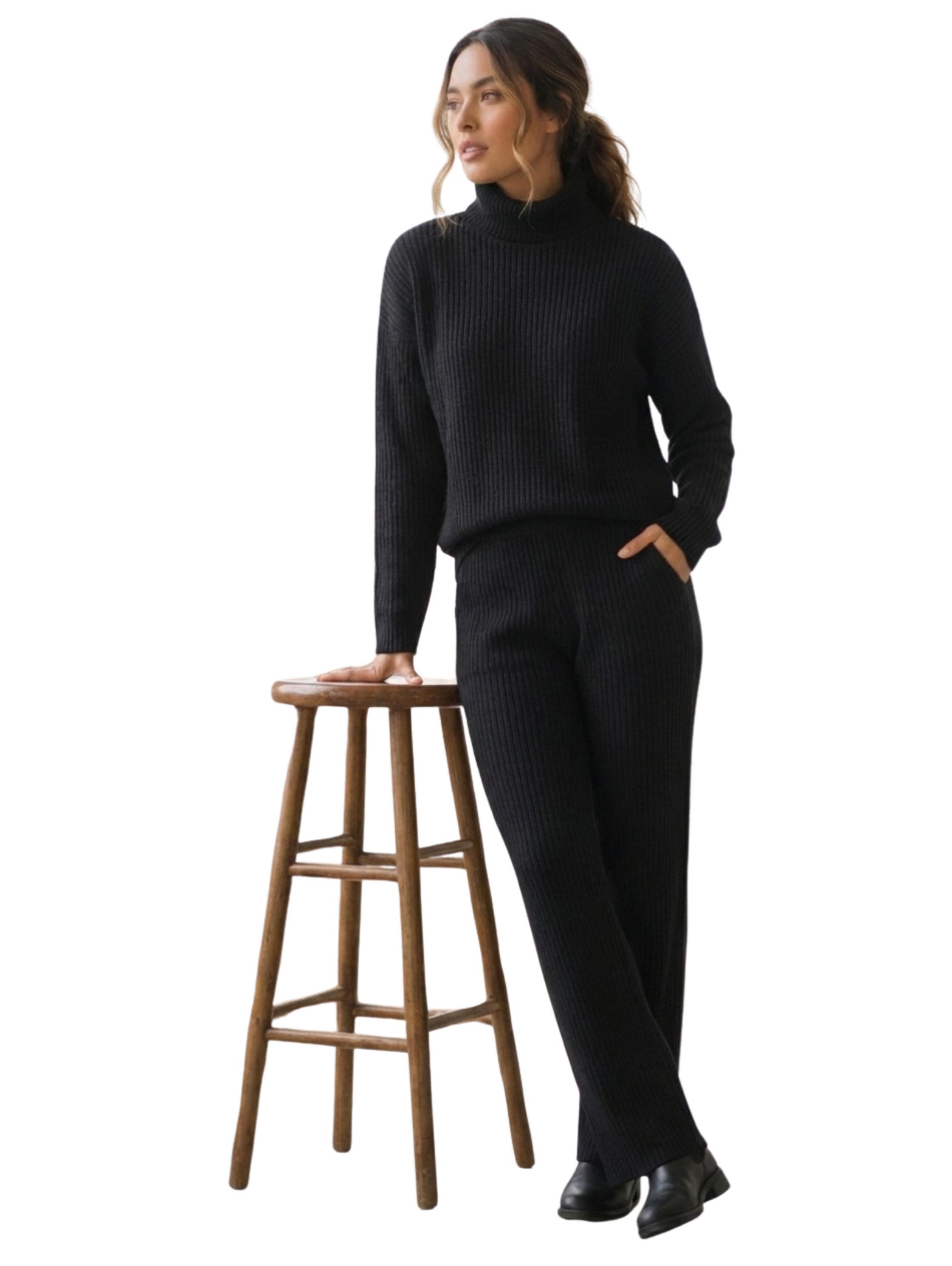 High Neck Ribbed Black Sweater With Pant