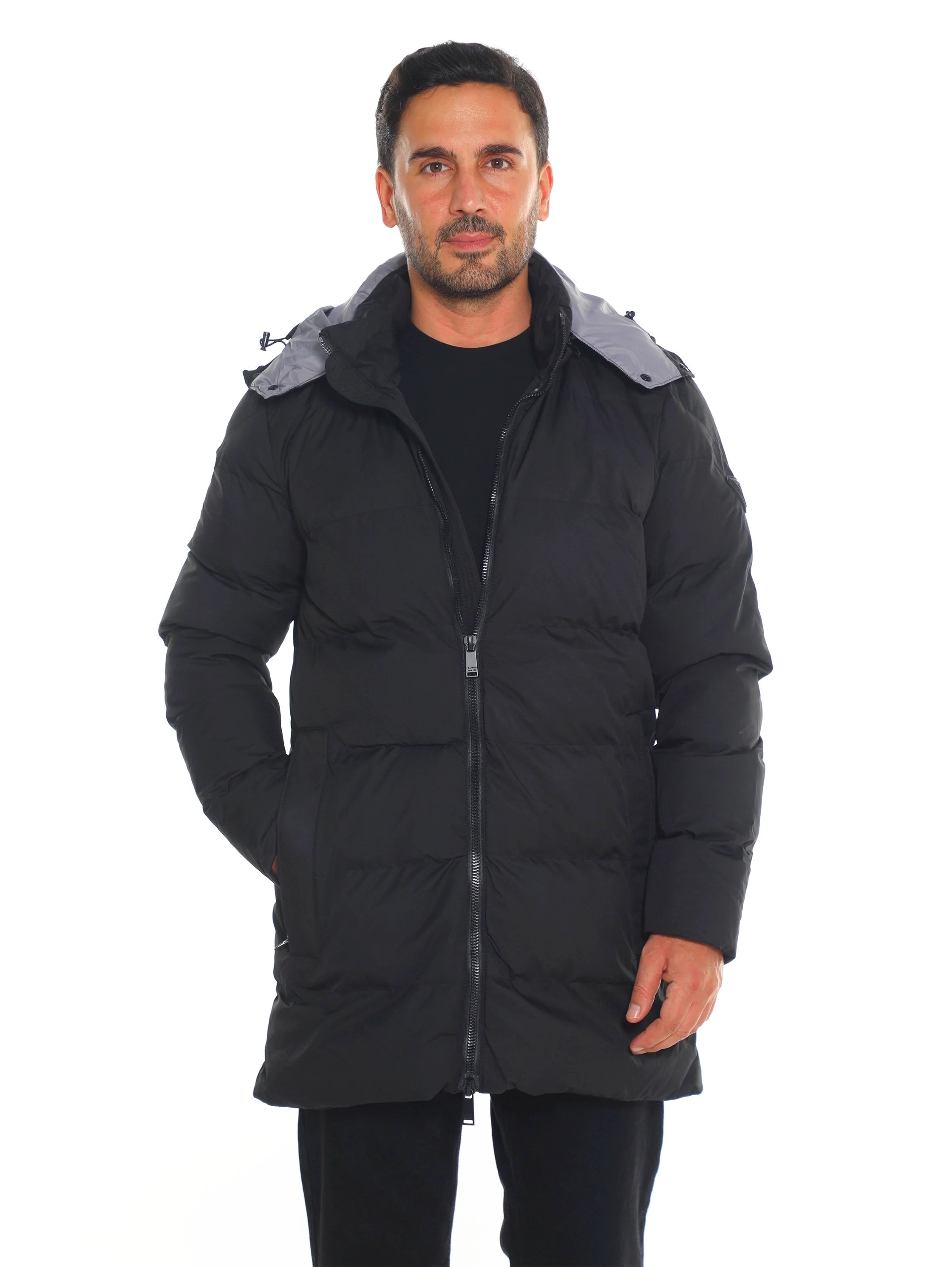 Black Padded Quilted Long Jacket With Zipper To Close