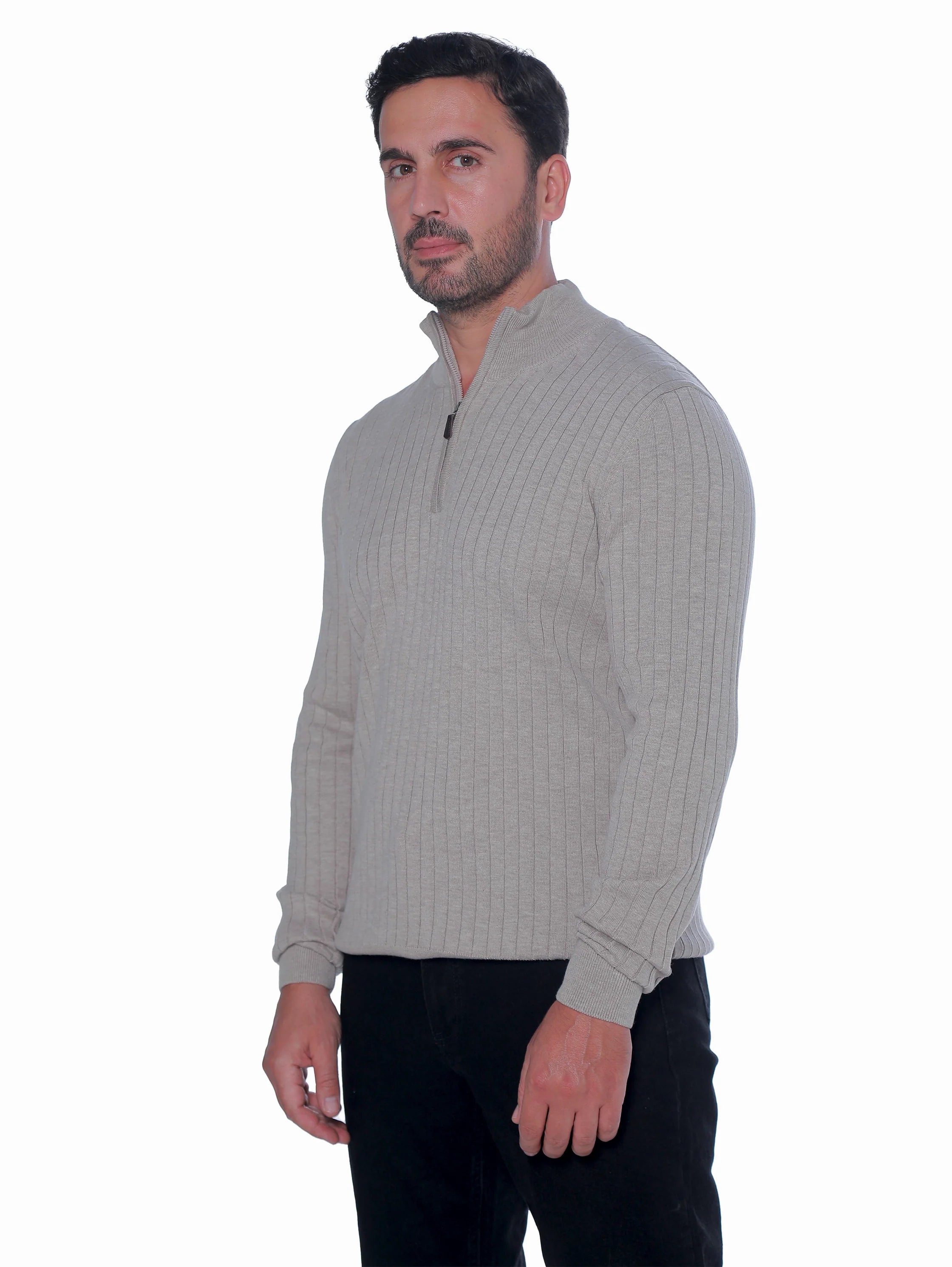 Beige Ribbed pullover With Half Zipper