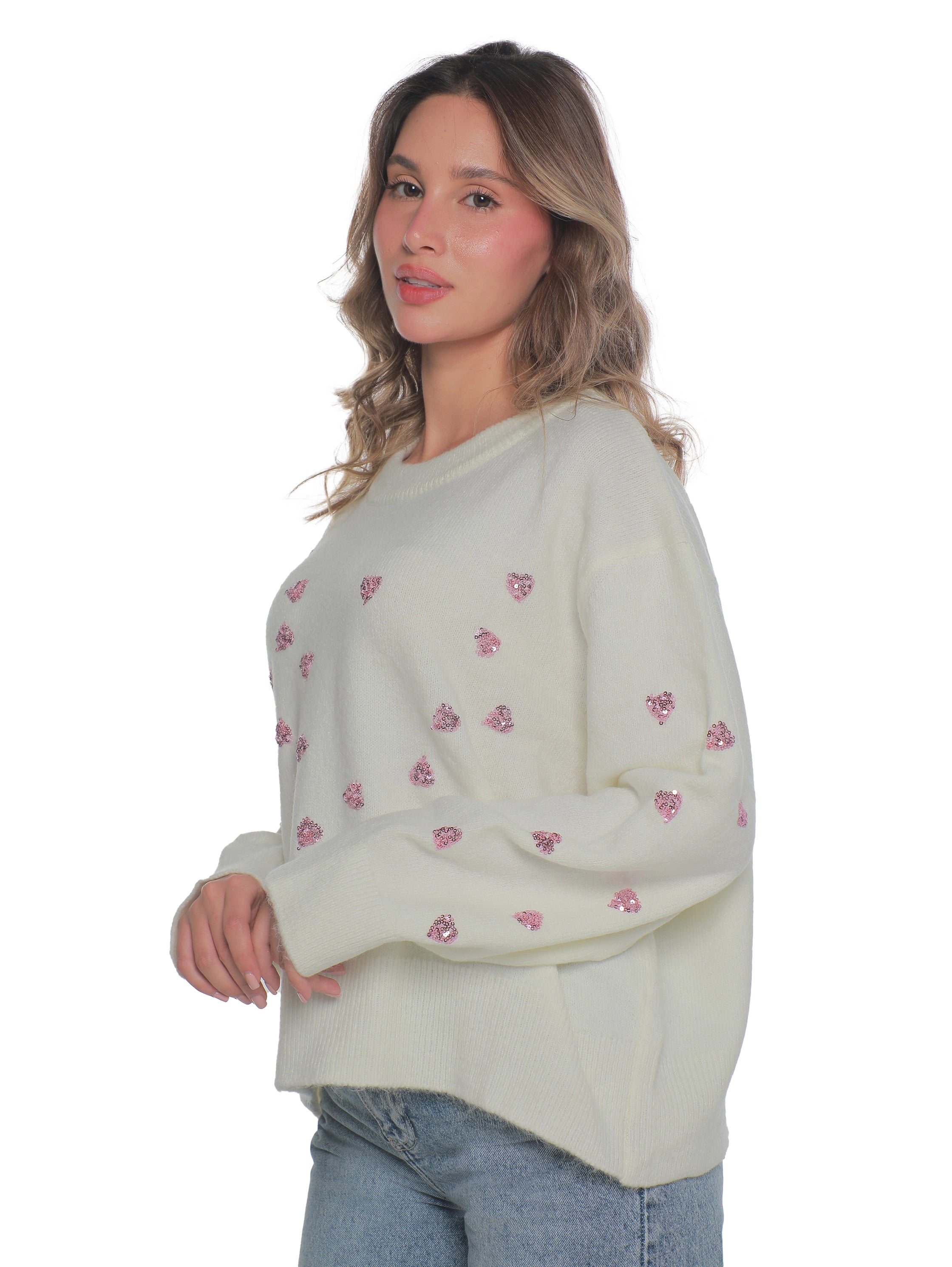 White Pullover With Heart Glitter Design