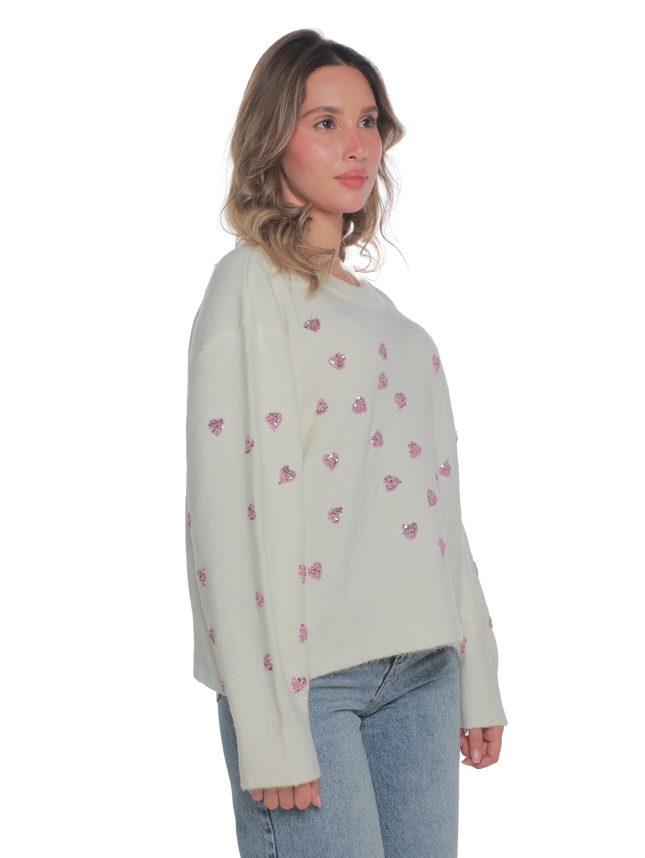 White Pullover With Heart Glitter Design