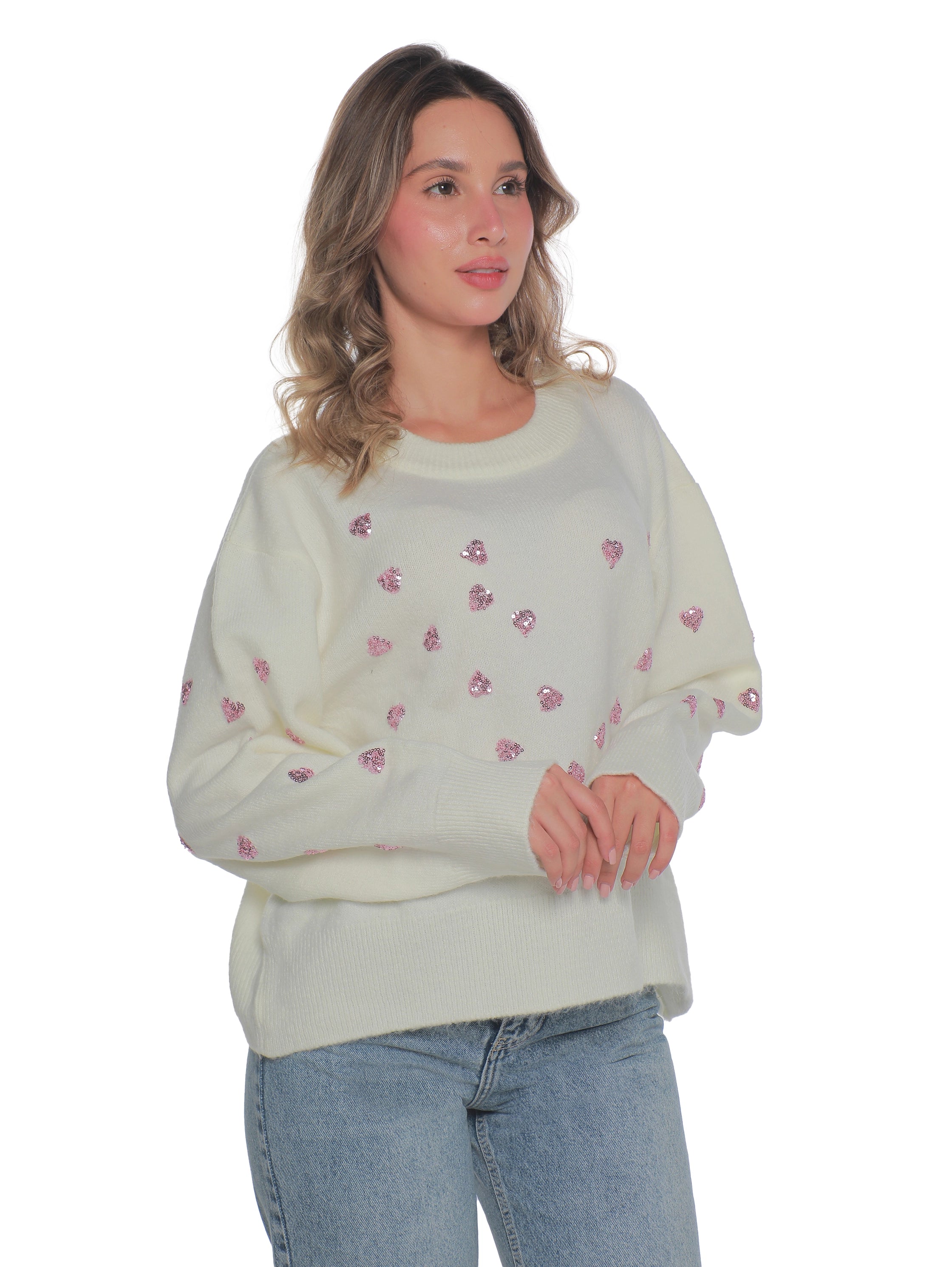 White Pullover With Heart Glitter Design
