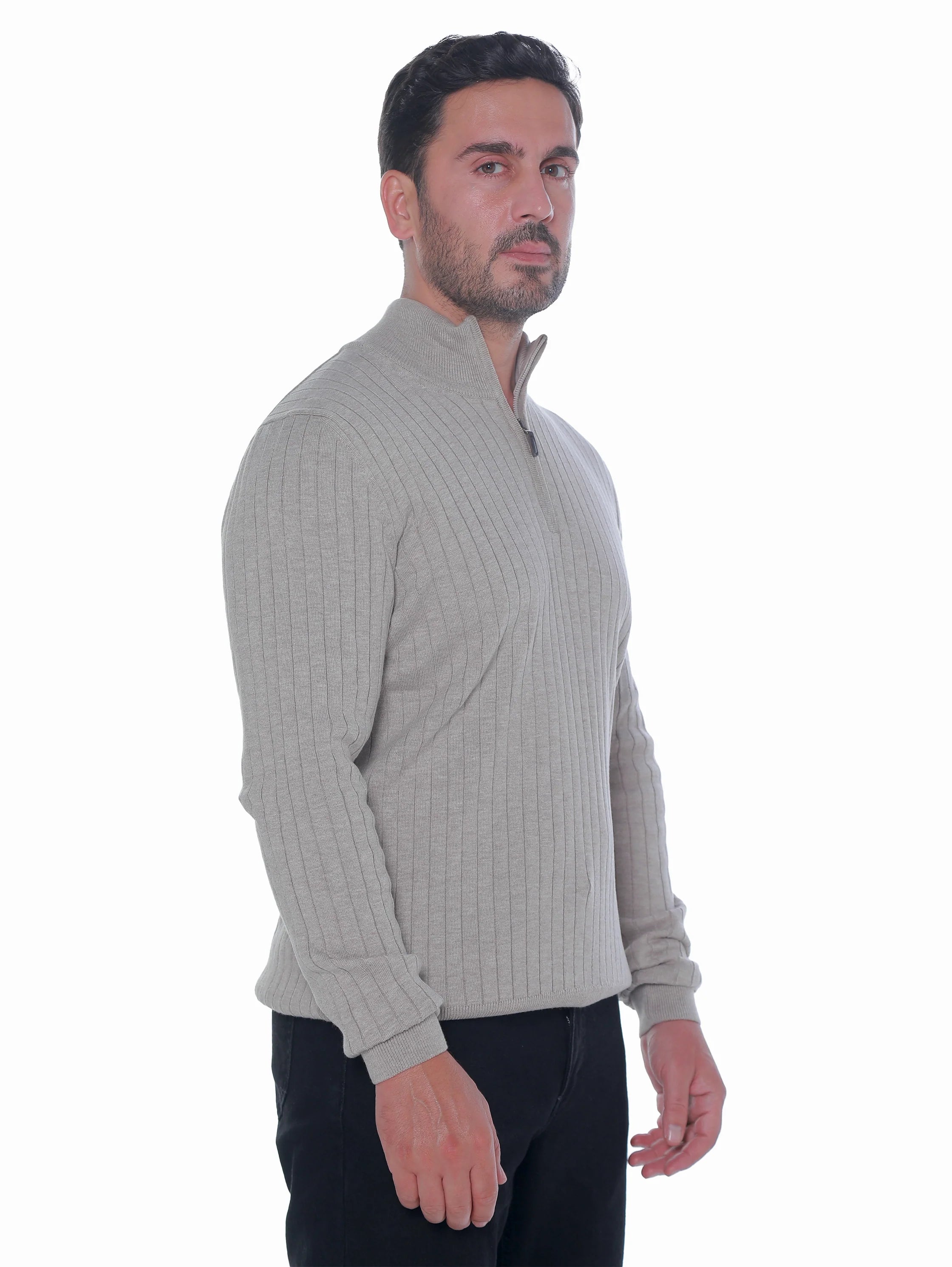 Beige Ribbed pullover With Half Zipper