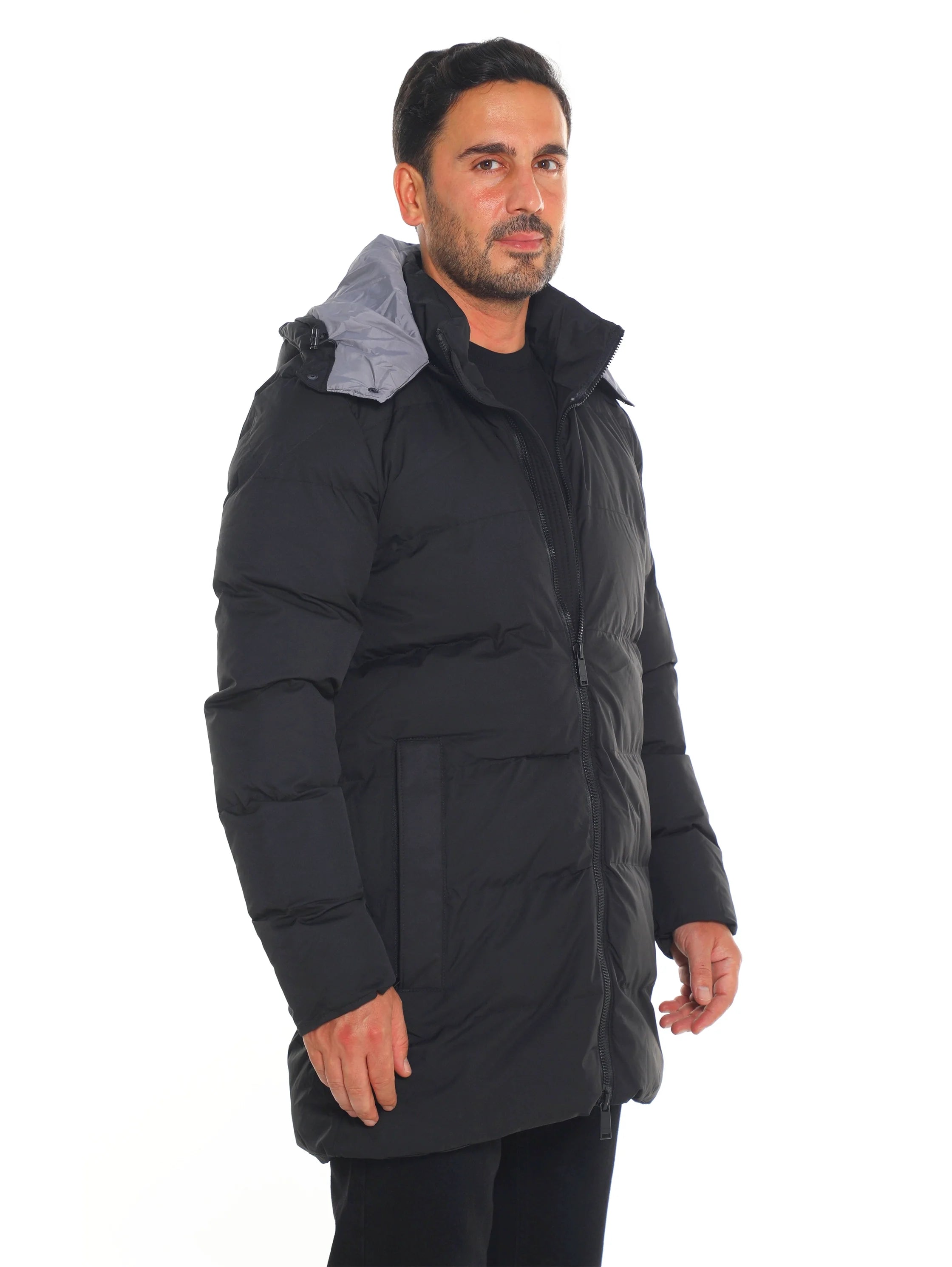 Black Padded Quilted Long Jacket With Zipper To Close