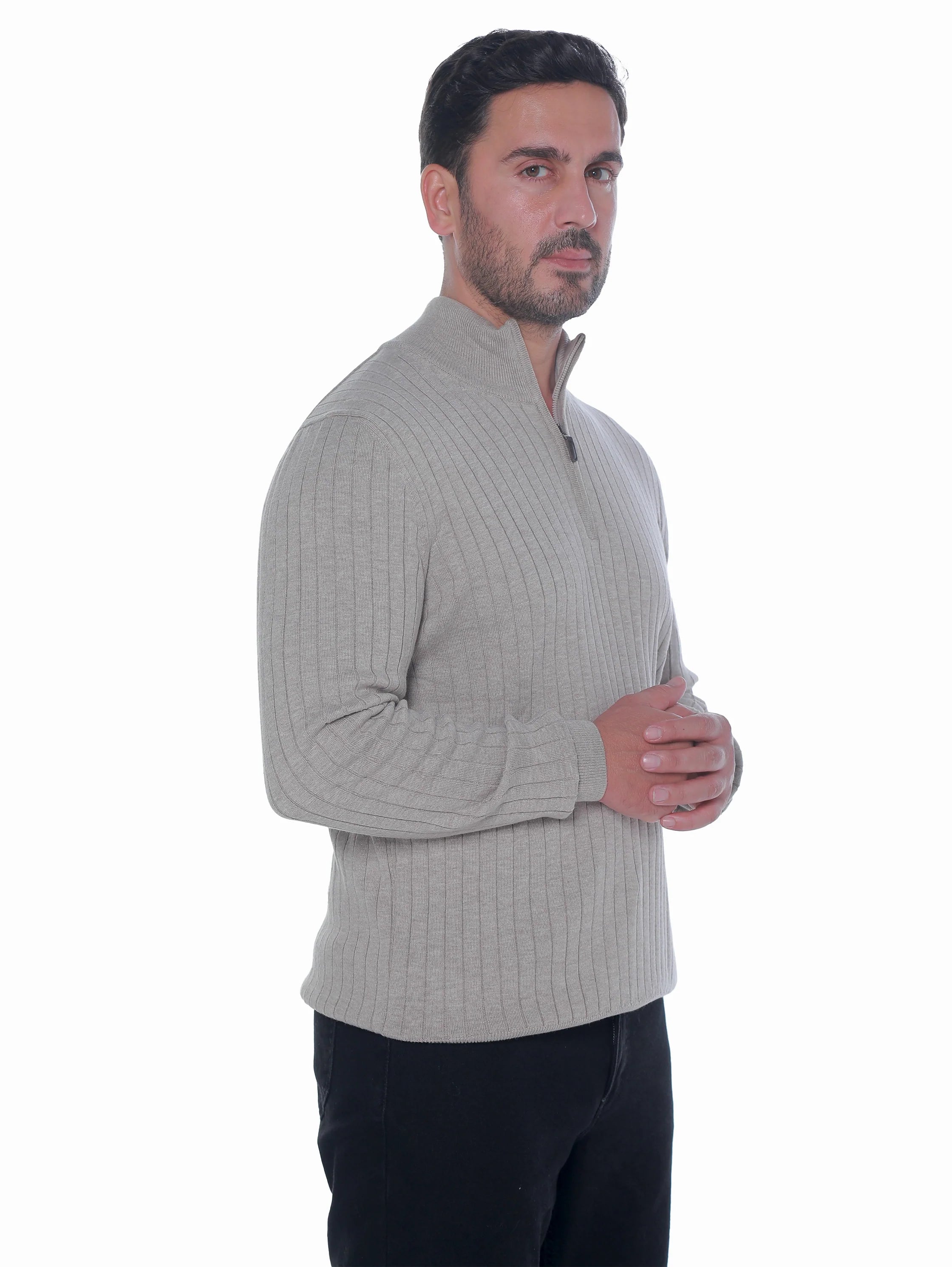 Beige Ribbed pullover With Half Zipper