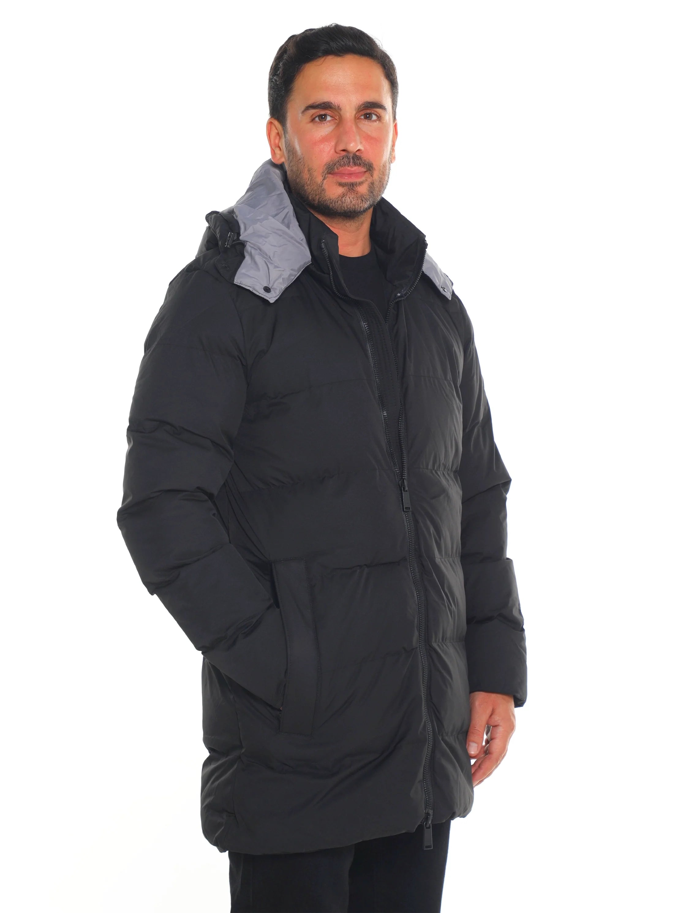 Black Padded Quilted Long Jacket With Zipper To Close