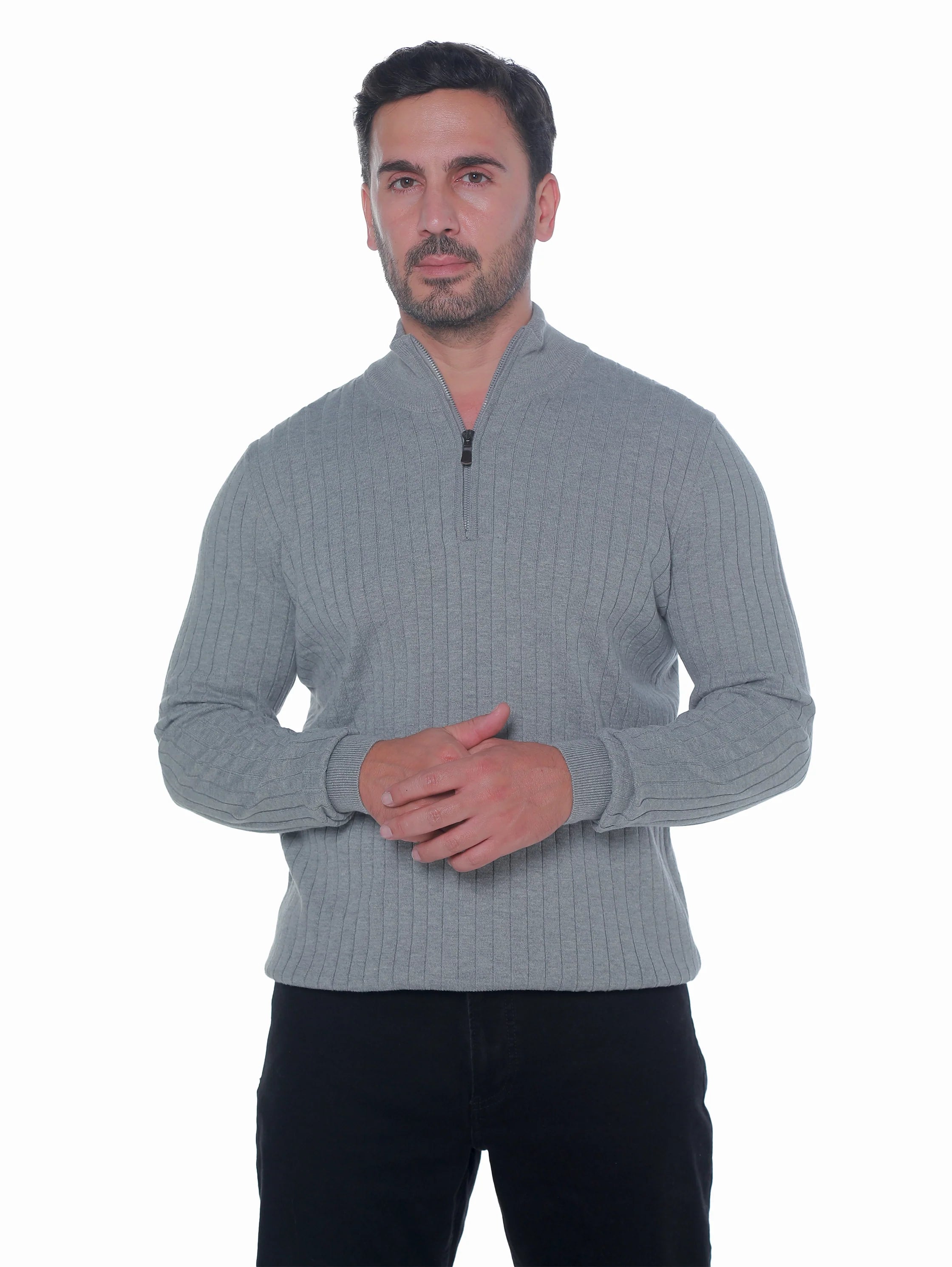 Grey Ribbed pullover With Half Zipper