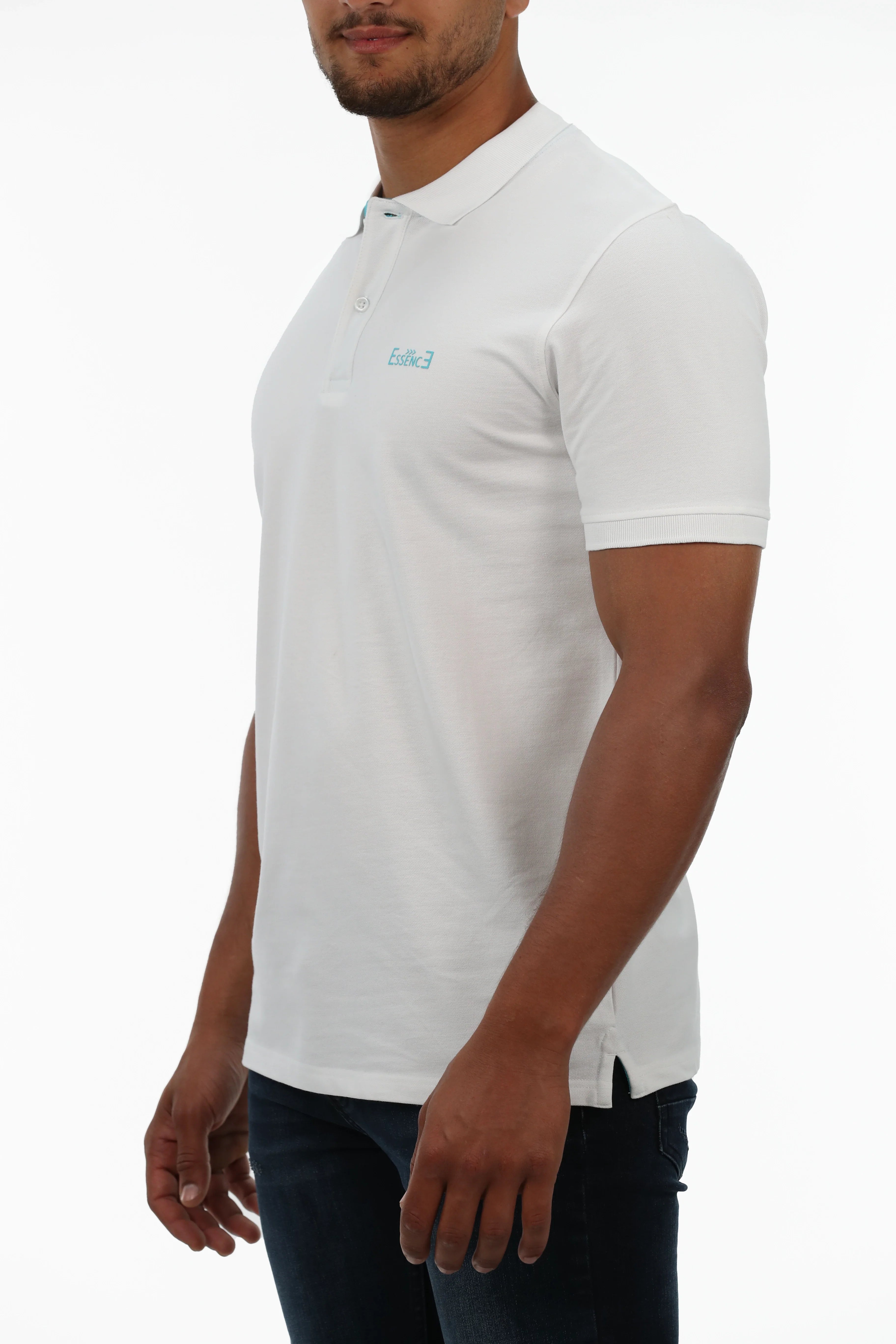 White Polo With Turquoise Collar Design