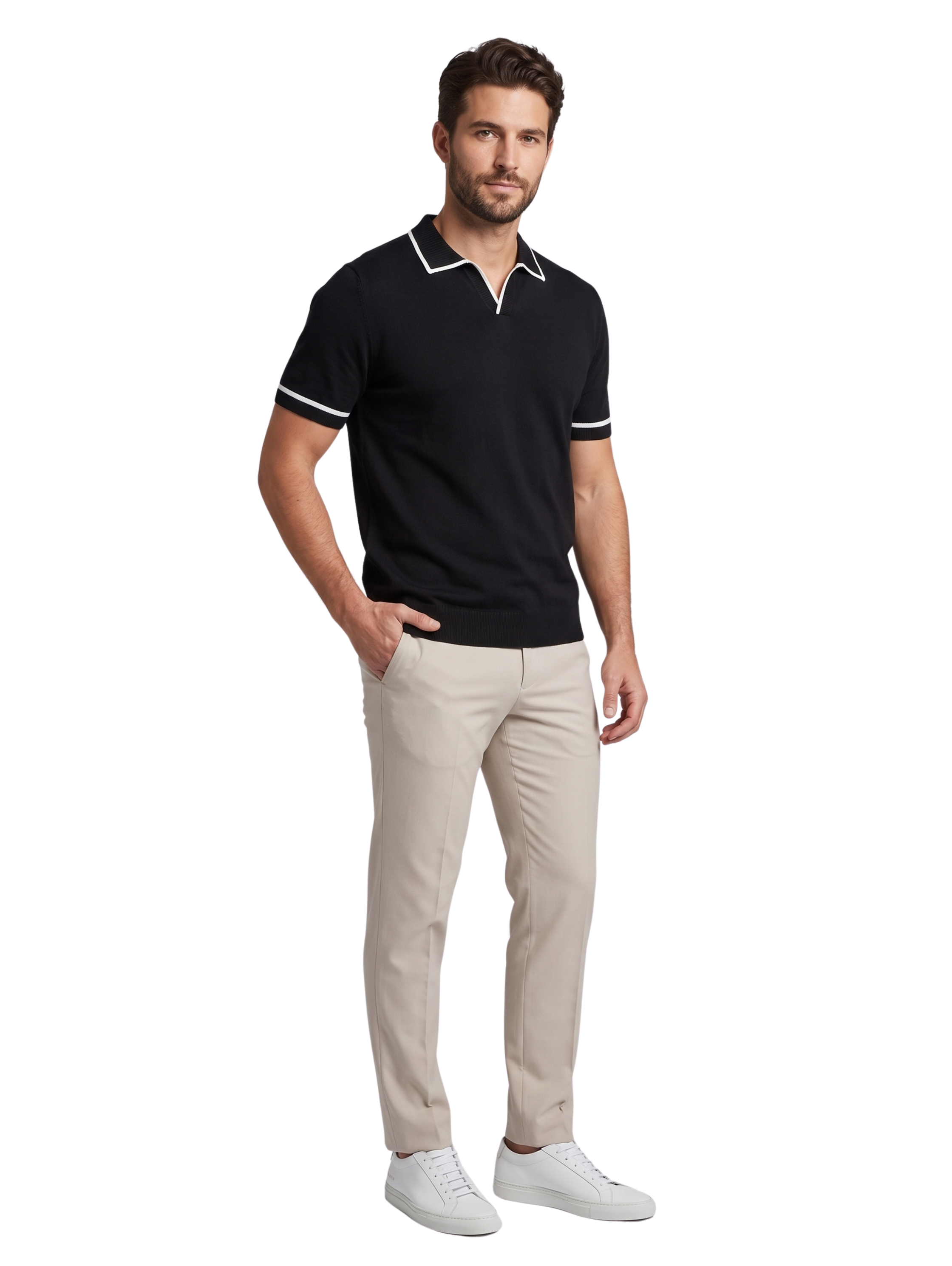 Black Cotton Short Sleeved Polo With Open V Neck&nbsp;