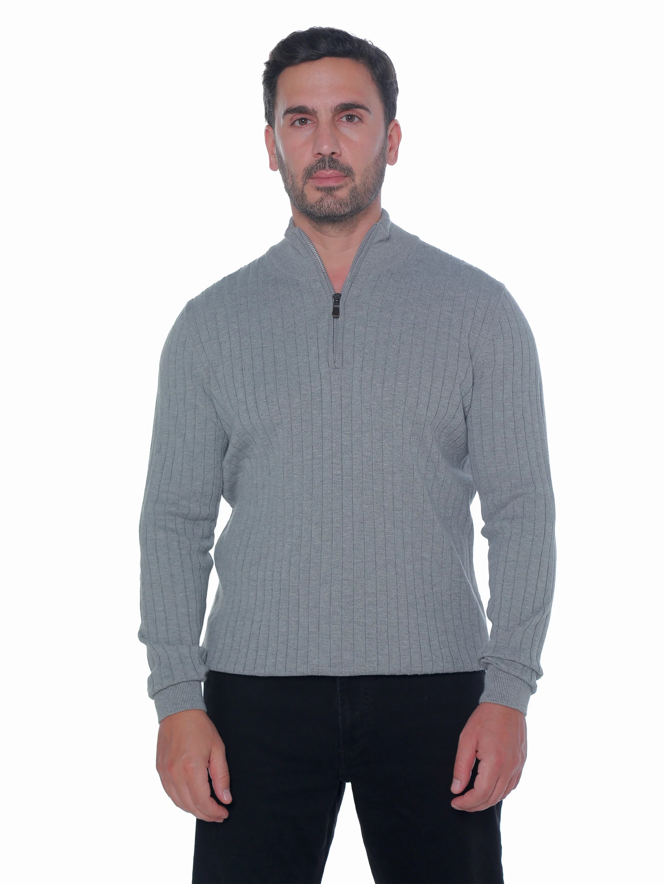 Grey Ribbed pullover With Half Zipper