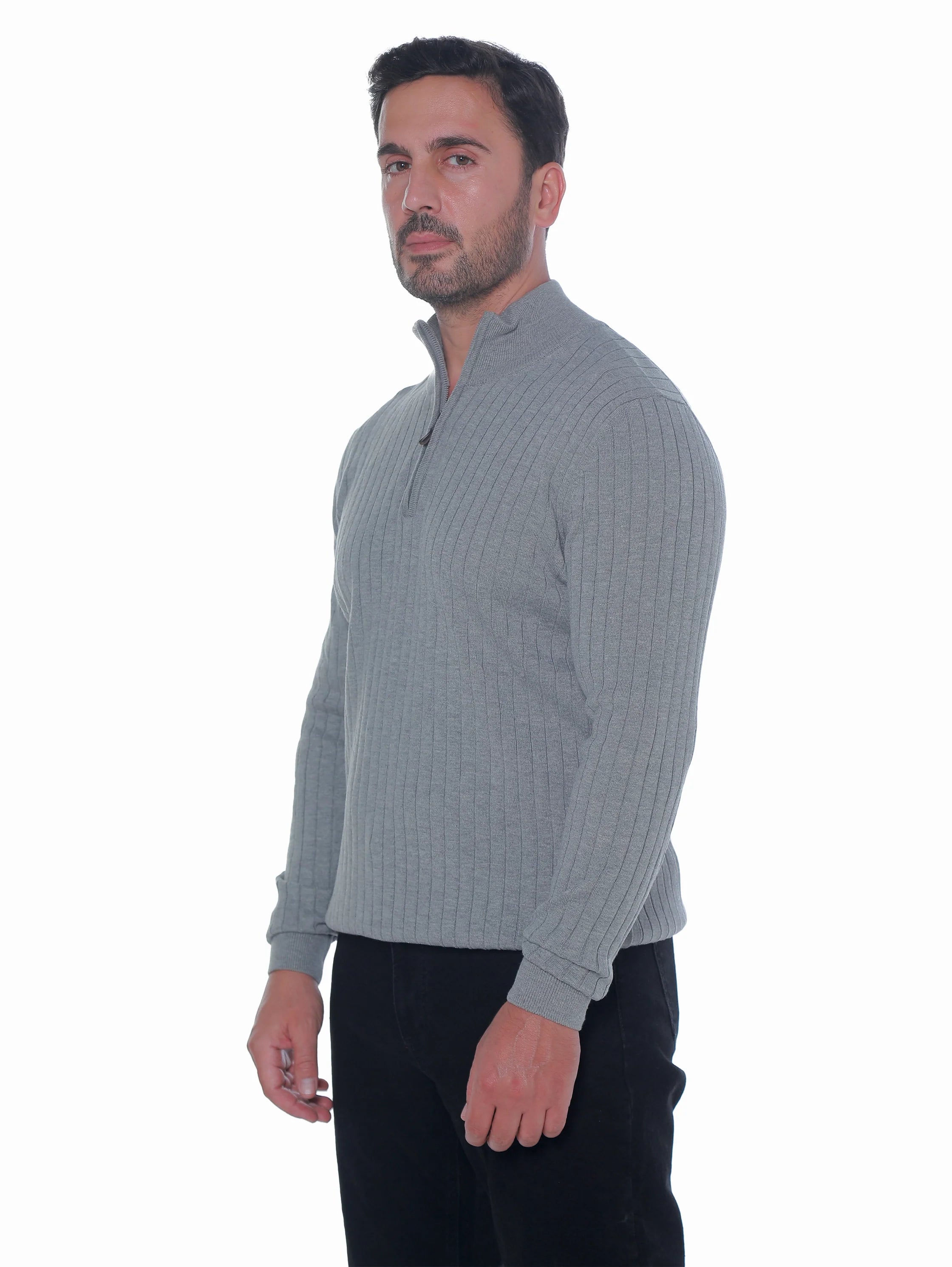 Grey Ribbed pullover With Half Zipper