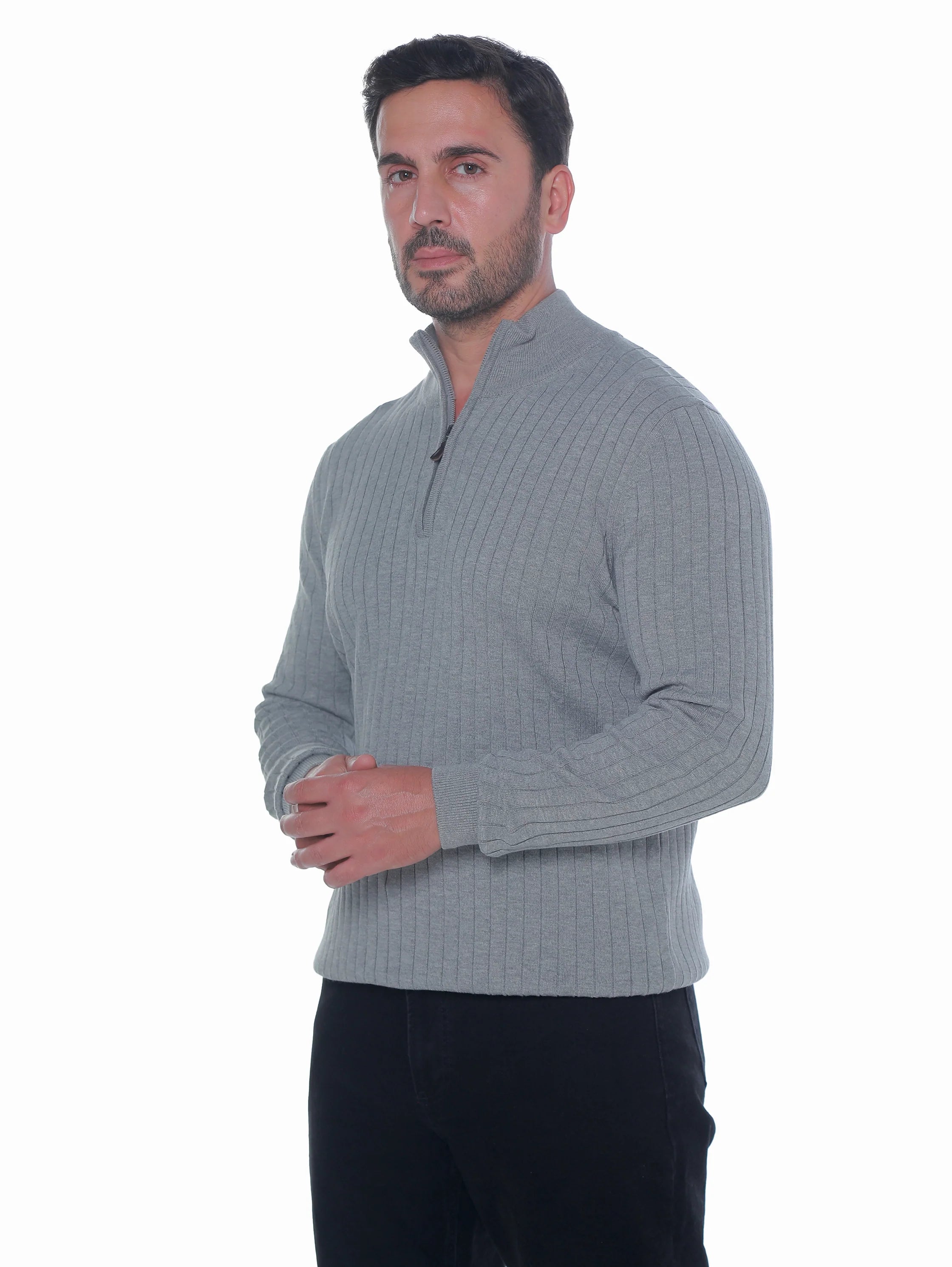 Grey Ribbed pullover With Half Zipper